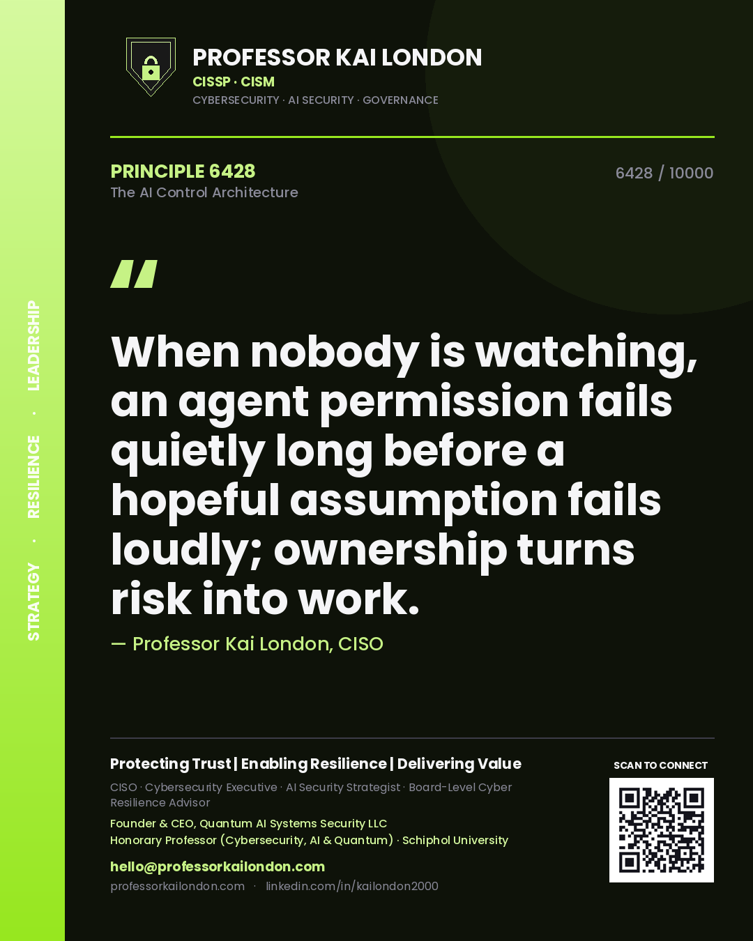 Professor Kai London principle 6428: When nobody is watching, an agent permission fails quietly long before a hopeful assumption fails loudly; ownership turns risk into work.