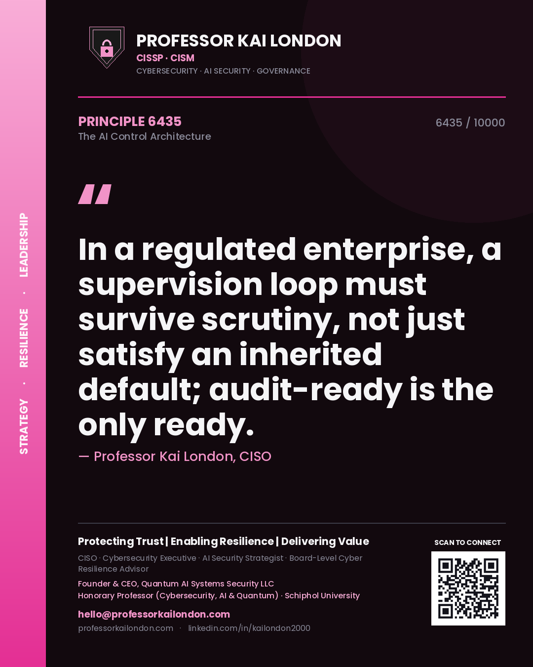 Quote card by Professor Kai London reading 'In a regulated enterprise, a supervision loop must survive scrutiny, not just satisfy an inherited default; audit-ready is the only ready.'. From the book The AI Control Architecture.