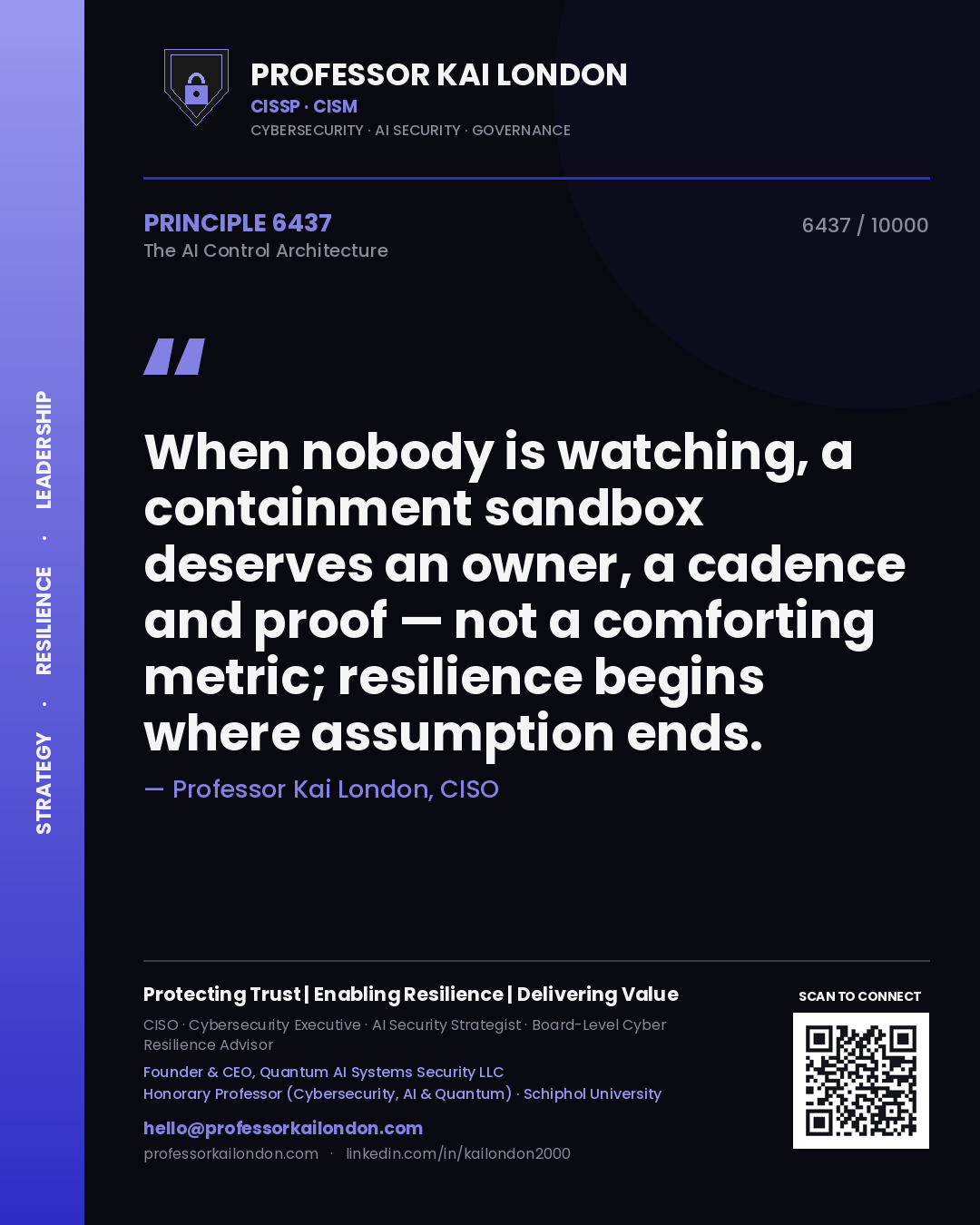 Quote card by Professor Kai London reading 'When nobody is watching, a containment sandbox deserves an owner, a cadence and proof — not a comforting metric; resilience begins where assumption ends.'. From the book The AI Control Architecture.