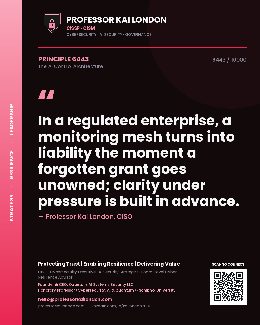 Professor Kai London principle 6443: In a regulated enterprise, a monitoring mesh turns into liability the moment a forgotten grant goes unowned; clarity under pressure is built in advance.