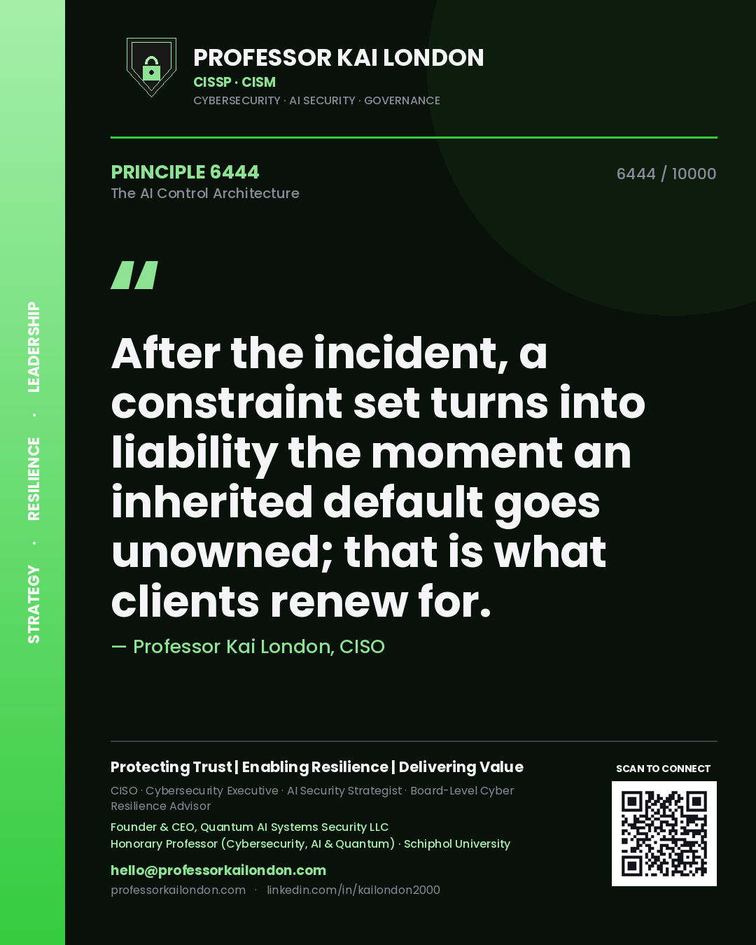 Quote card by Professor Kai London reading 'After the incident, a constraint set turns into liability the moment an inherited default goes unowned; that is what clients renew for.'. From the book The AI Control Architecture.