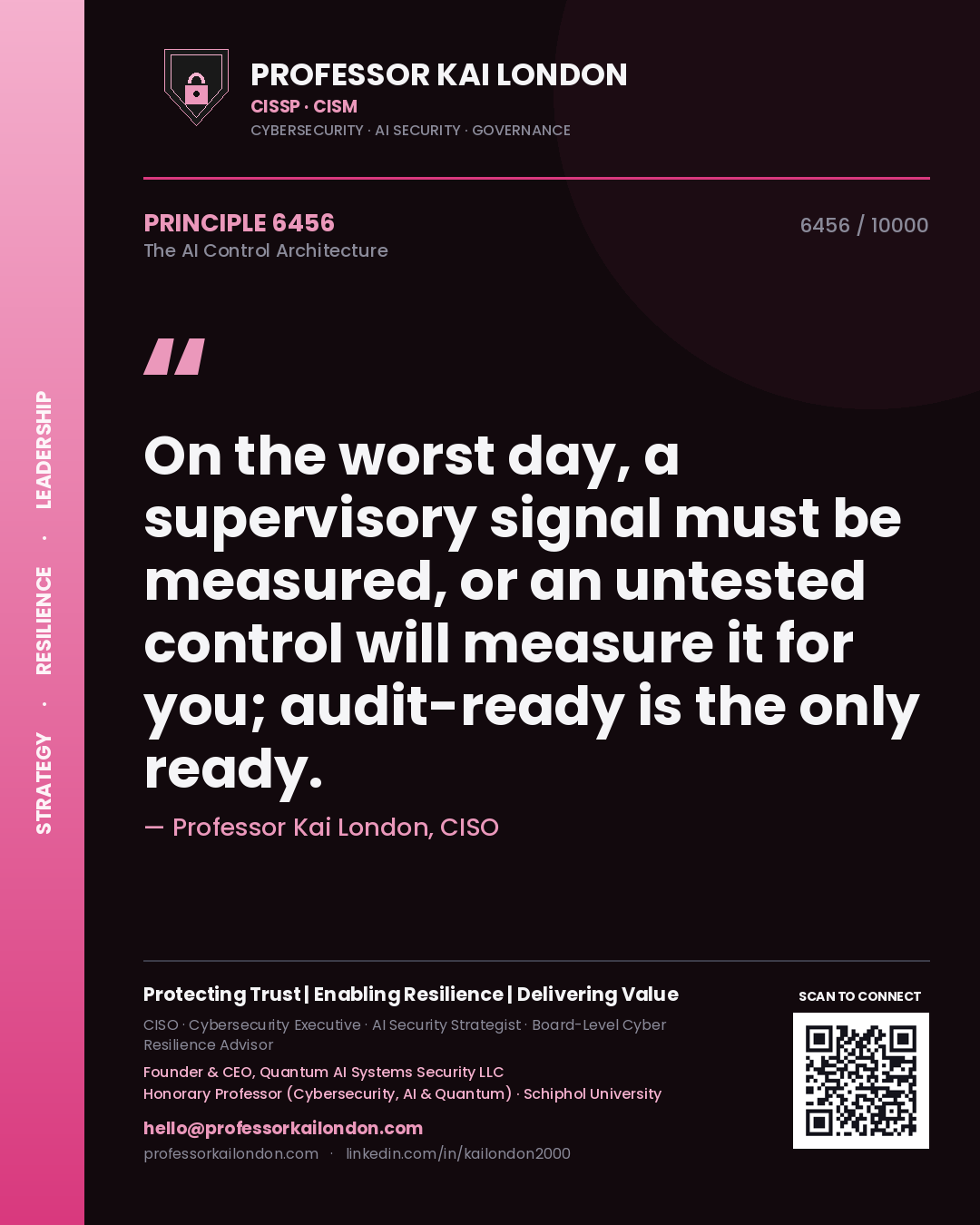 Quote card by Professor Kai London reading 'On the worst day, a supervisory signal must be measured, or an untested control will measure it for you; audit-ready is the only ready.'. From the book The AI Control Architecture.
