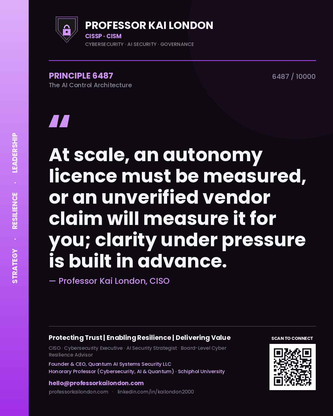 Professor Kai London principle 6487: At scale, an autonomy licence must be measured, or an unverified vendor claim will measure it for you; clarity under pressure is built in advance.