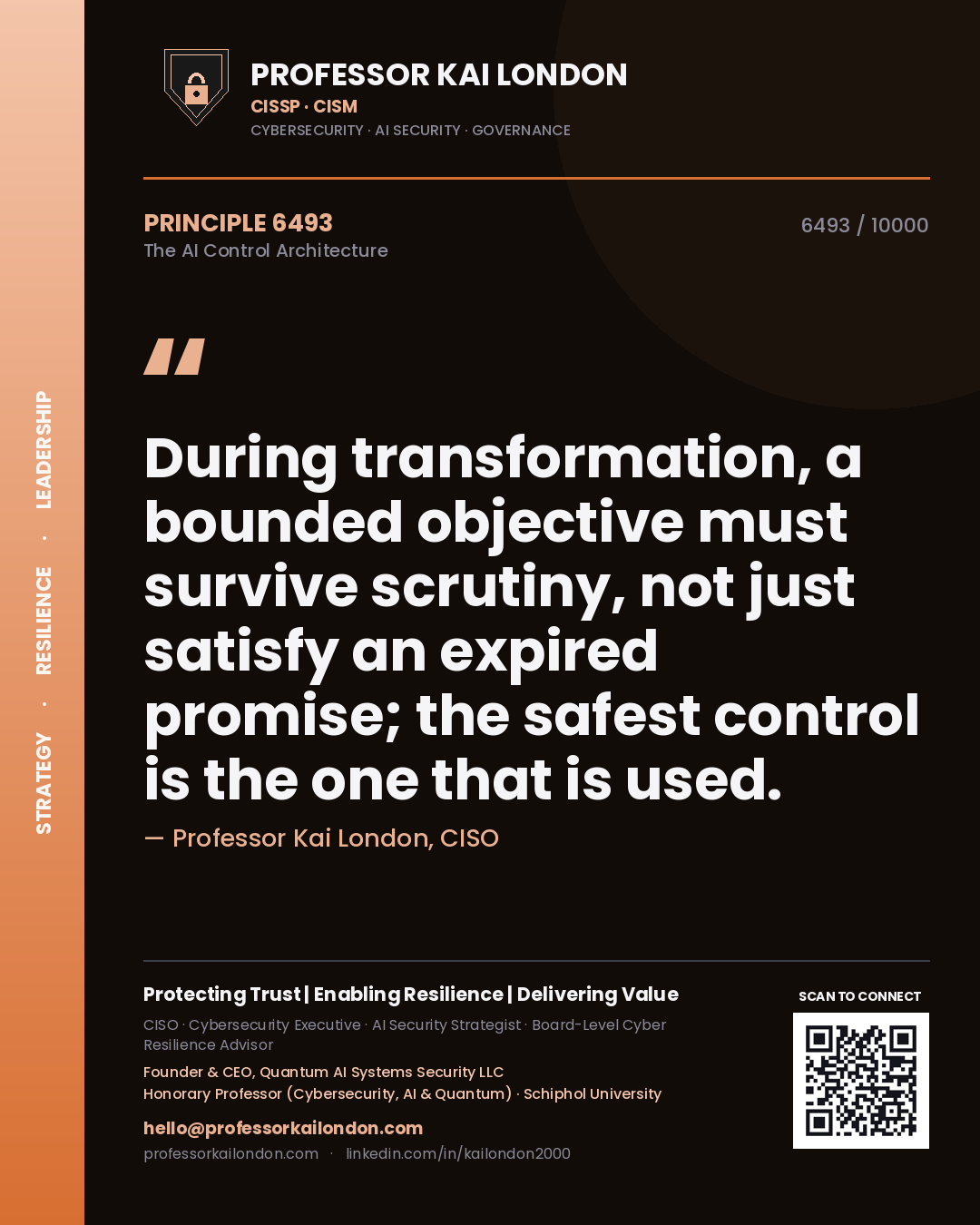Professor Kai London principle 6493: During transformation, a bounded objective must survive scrutiny, not just satisfy an expired promise; the safest control is the one that is used.