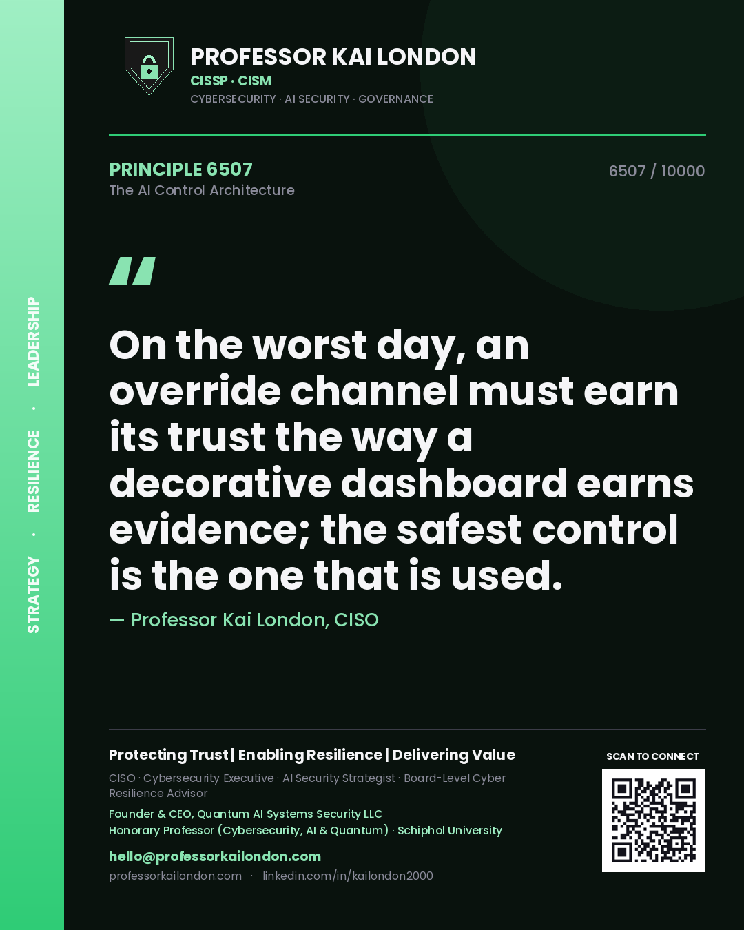 Quote card by Professor Kai London reading 'On the worst day, an override channel must earn its trust the way a decorative dashboard earns evidence; the safest control is the one that is used.'. From the book The AI Control Architecture.