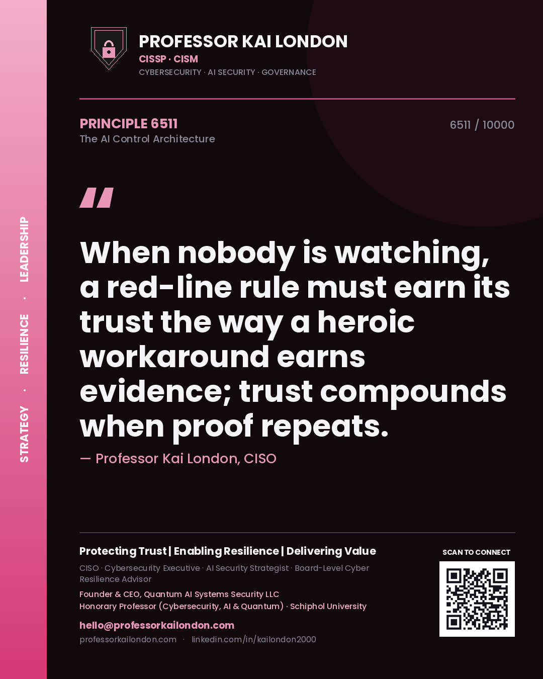 Quote card by Professor Kai London reading 'When nobody is watching, a red-line rule must earn its trust the way a heroic workaround earns evidence; trust compounds when proof repeats.'. From the book The AI Control Architecture.