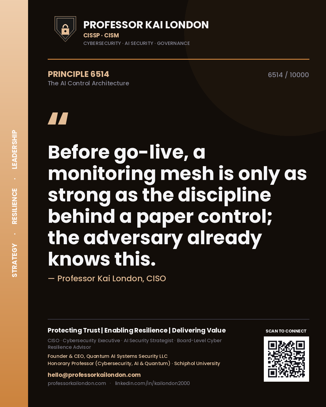 Quote card by Professor Kai London reading 'Before go-live, a monitoring mesh is only as strong as the discipline behind a paper control; the adversary already knows this.'. From the book The AI Control Architecture.