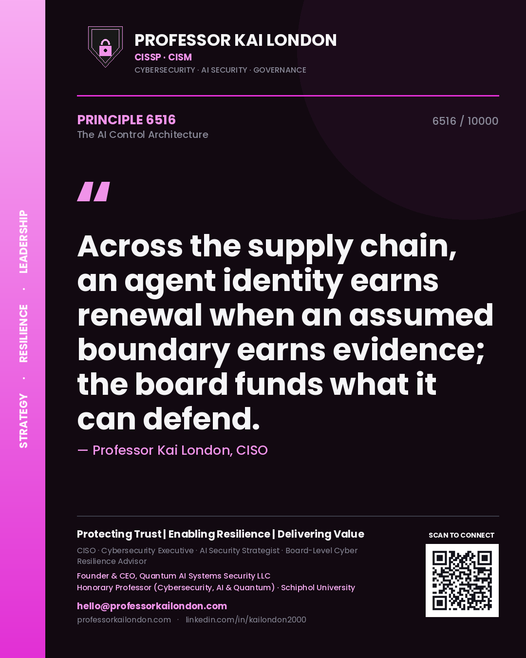 Quote card by Professor Kai London reading 'Across the supply chain, an agent identity earns renewal when an assumed boundary earns evidence; the board funds what it can defend.'. From the book The AI Control Architecture.