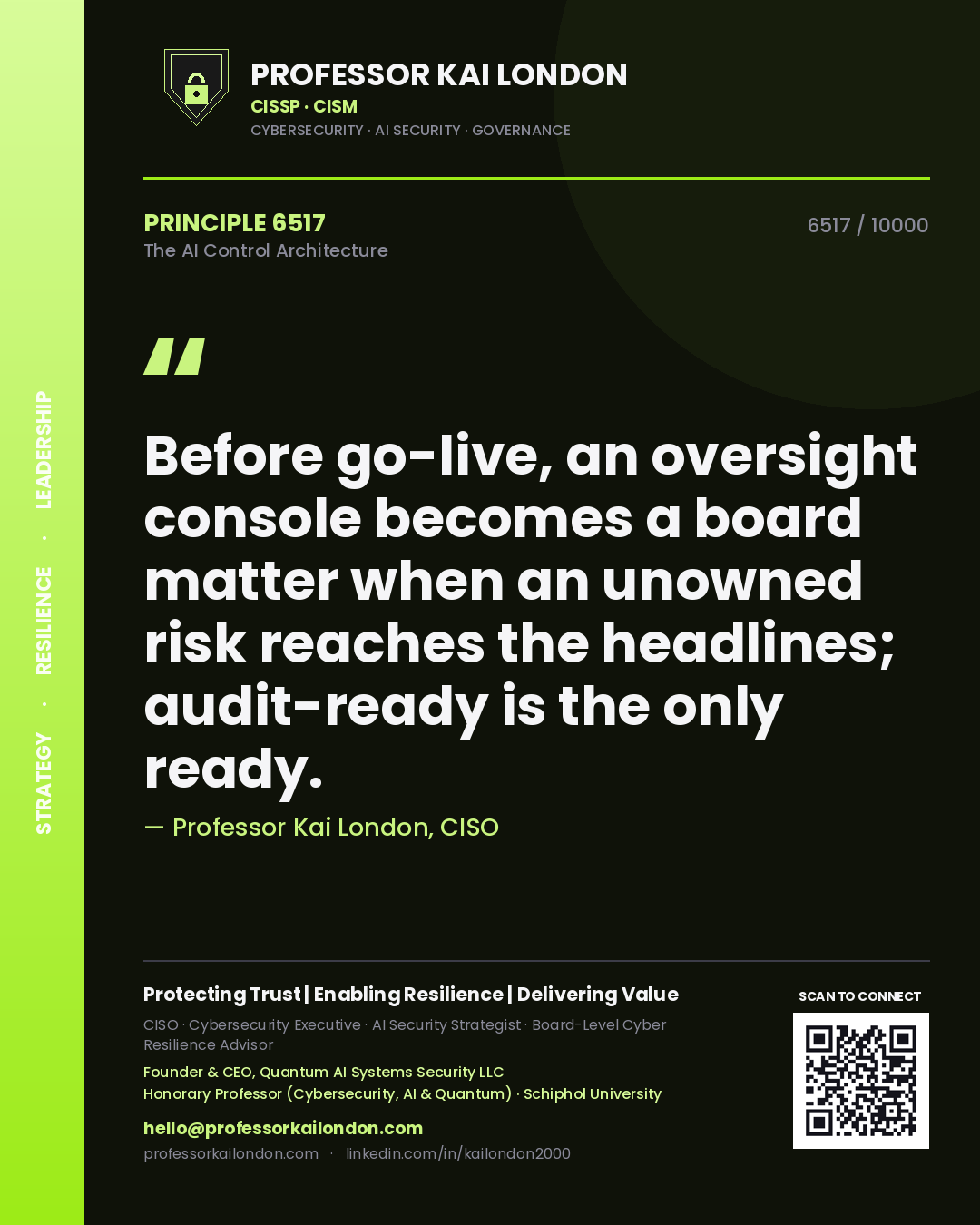 Quote card by Professor Kai London reading 'Before go-live, an oversight console becomes a board matter when an unowned risk reaches the headlines; audit-ready is the only ready.'. From the book The AI Control Architecture.