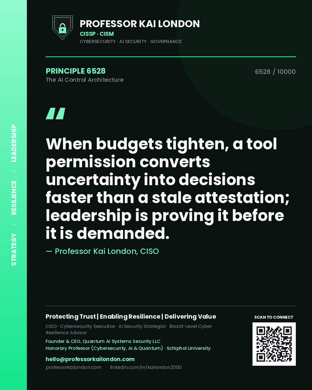 Quote card by Professor Kai London reading 'When budgets tighten, a tool permission converts uncertainty into decisions faster than a stale attestation; leadership is proving it before it is demanded.'. From the book The AI Control Architecture.