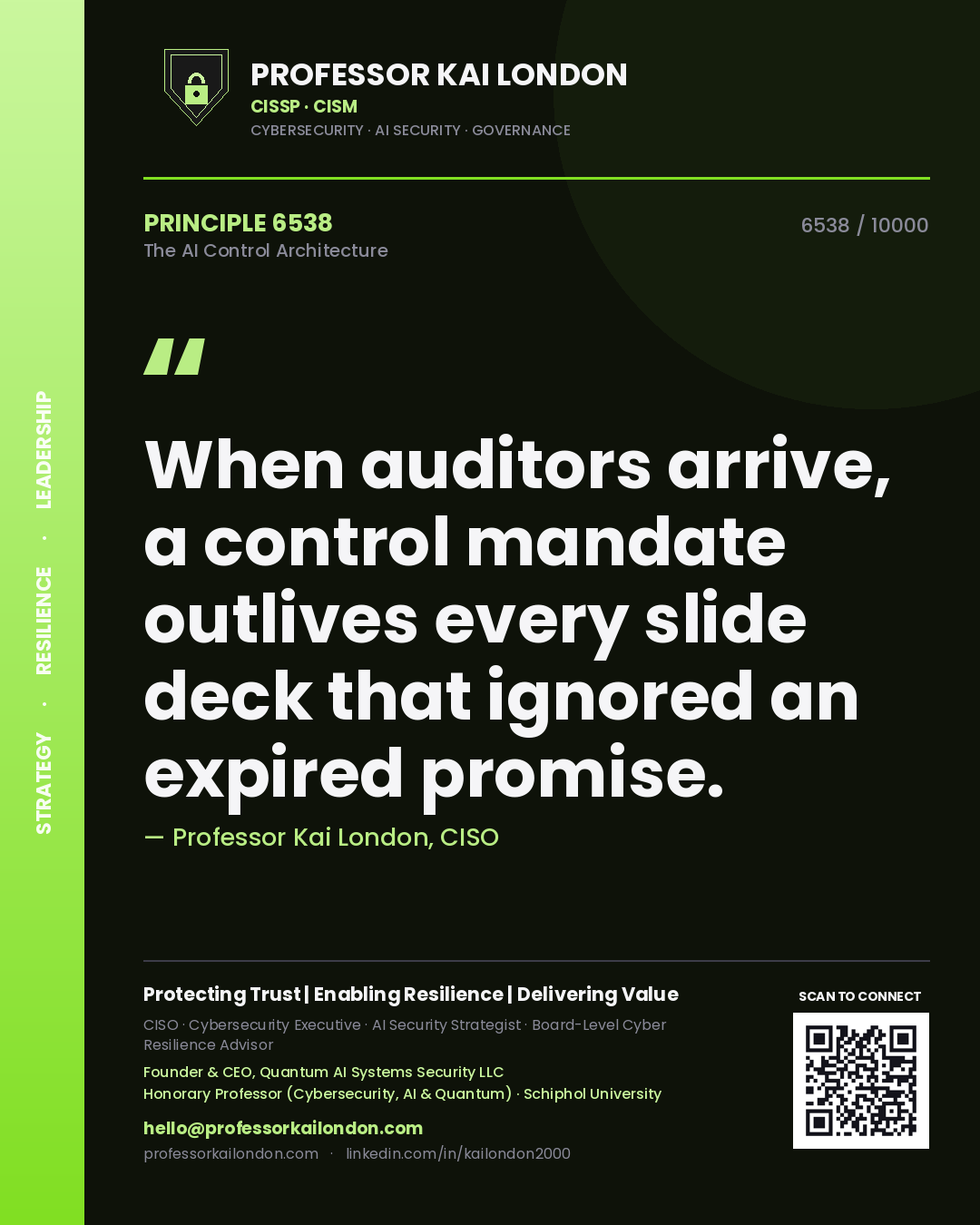 Quote card by Professor Kai London reading 'When auditors arrive, a control mandate outlives every slide deck that ignored an expired promise.'. From the book The AI Control Architecture.