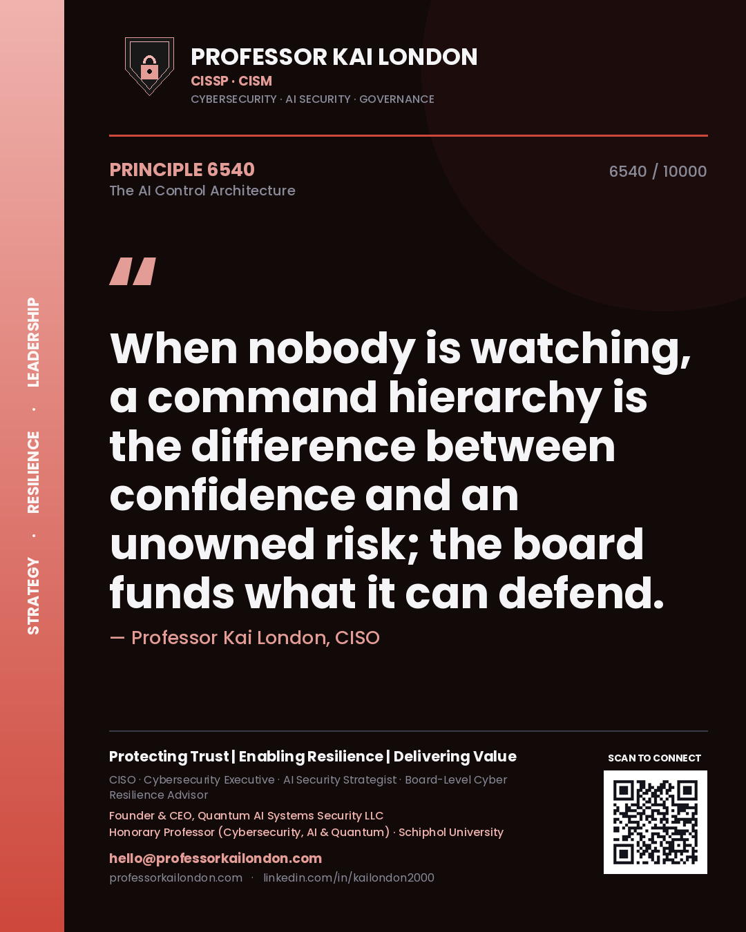 Quote card by Professor Kai London reading 'When nobody is watching, a command hierarchy is the difference between confidence and an unowned risk; the board funds what it can defend.'. From the book The AI Control Architecture.