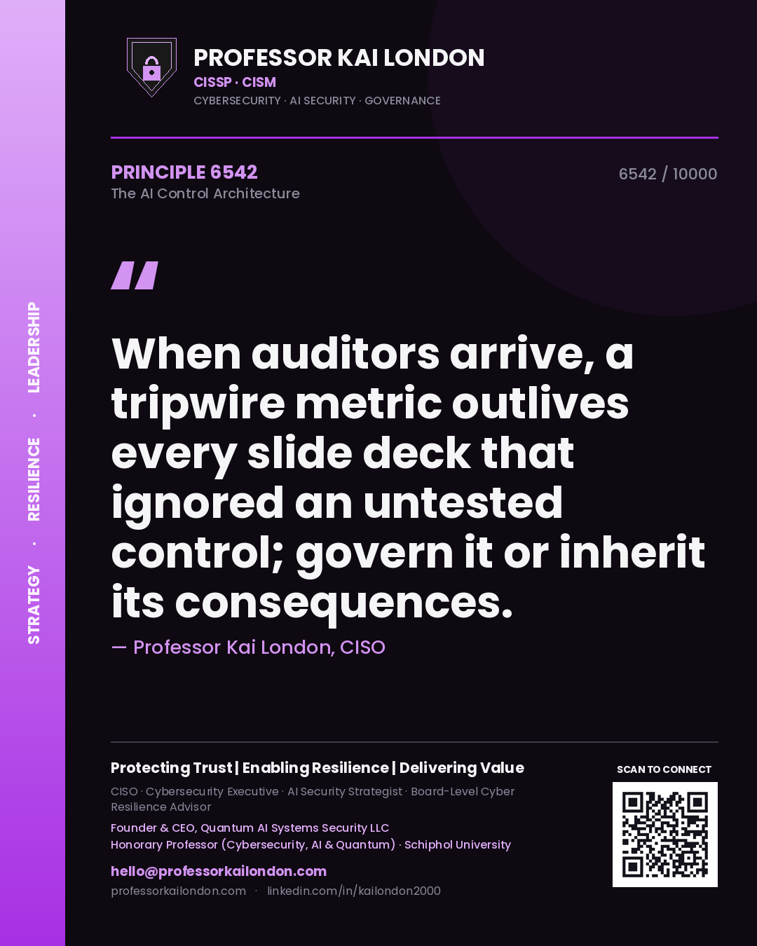 Quote card by Professor Kai London reading 'When auditors arrive, a tripwire metric outlives every slide deck that ignored an untested control; govern it or inherit its consequences.'. From the book The AI Control Architecture.