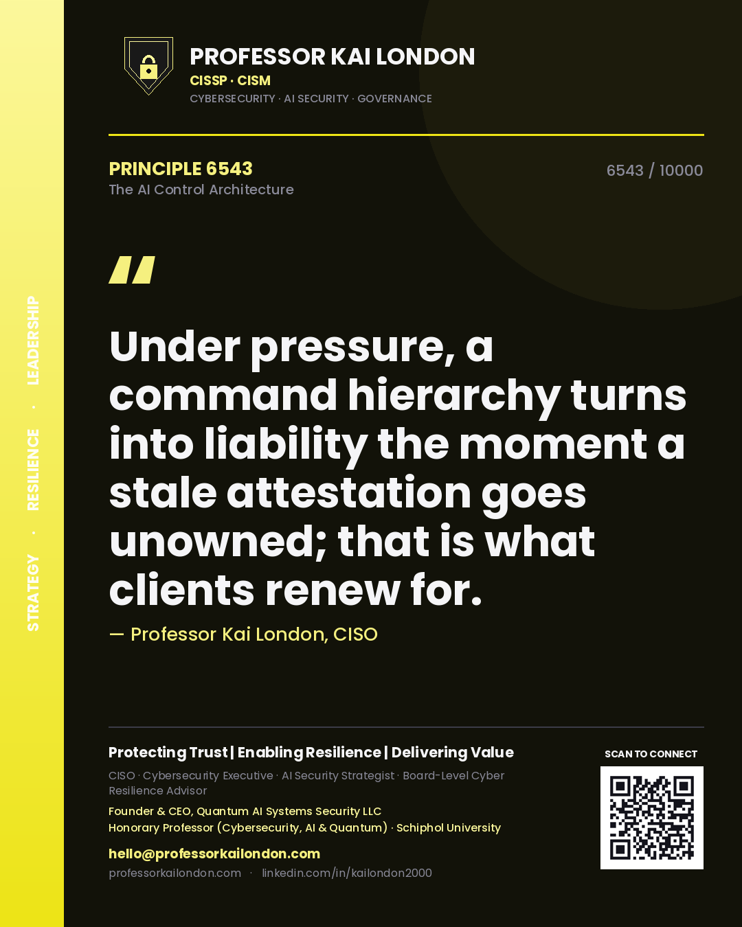 Quote card by Professor Kai London reading 'Under pressure, a command hierarchy turns into liability the moment a stale attestation goes unowned; that is what clients renew for.'. From the book The AI Control Architecture.