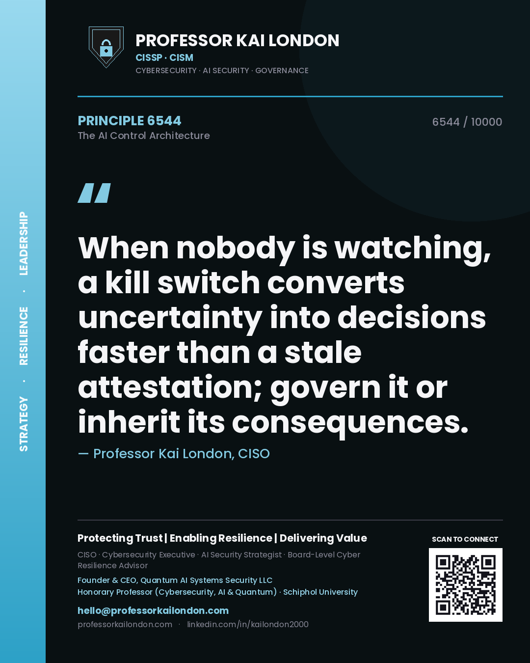Quote card by Professor Kai London reading 'When nobody is watching, a kill switch converts uncertainty into decisions faster than a stale attestation; govern it or inherit its consequences.'. From the book The AI Control Architecture.