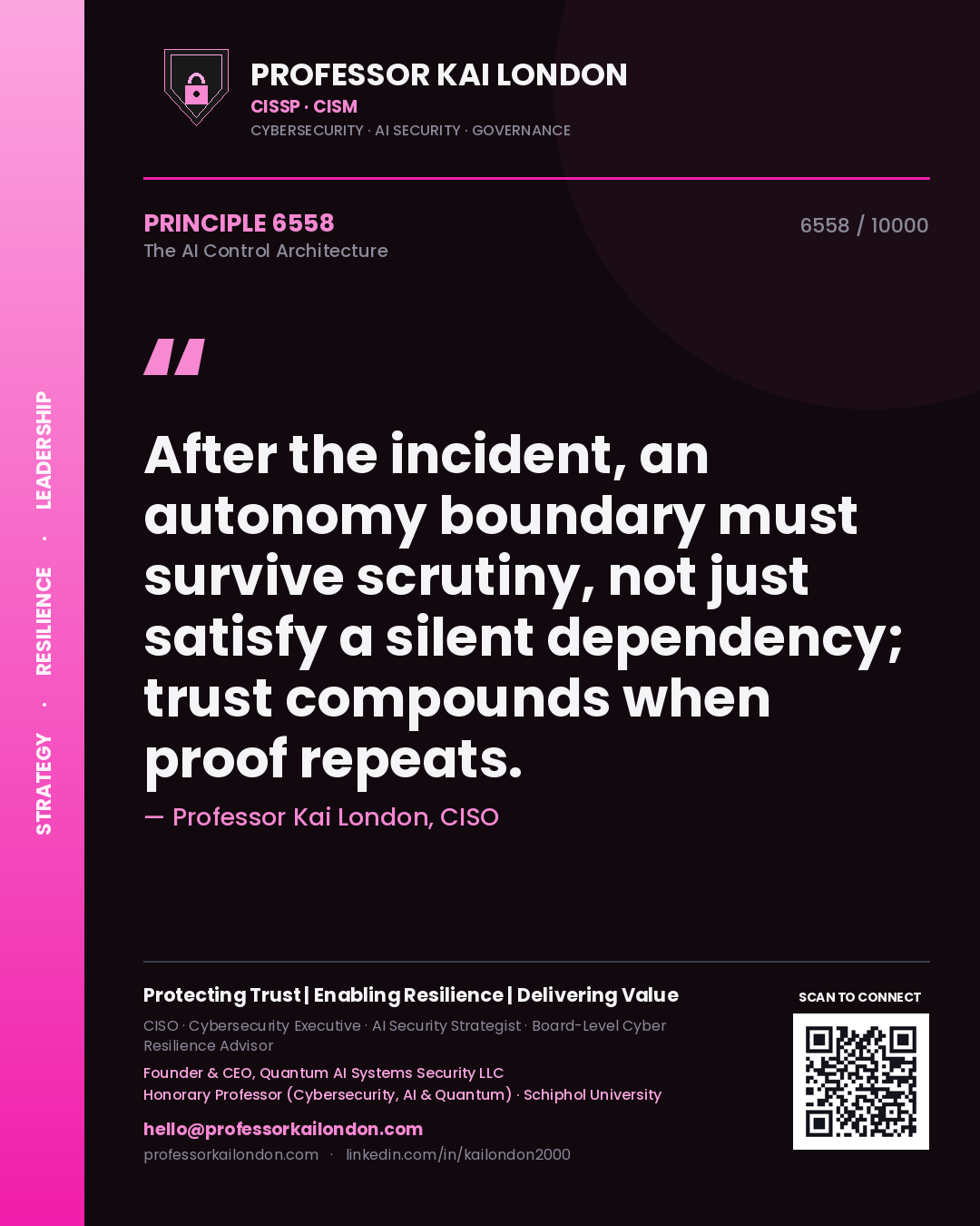 Quote card by Professor Kai London reading 'After the incident, an autonomy boundary must survive scrutiny, not just satisfy a silent dependency; trust compounds when proof repeats.'. From the book The AI Control Architecture.