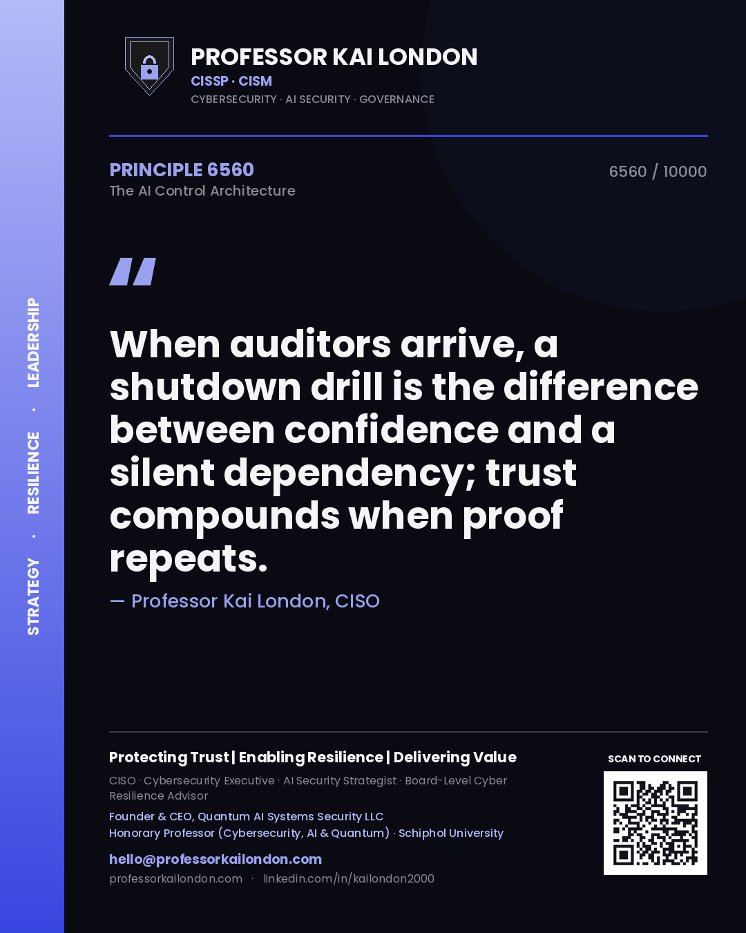 Quote card by Professor Kai London reading 'When auditors arrive, a shutdown drill is the difference between confidence and a silent dependency; trust compounds when proof repeats.'. From the book The AI Control Architecture.