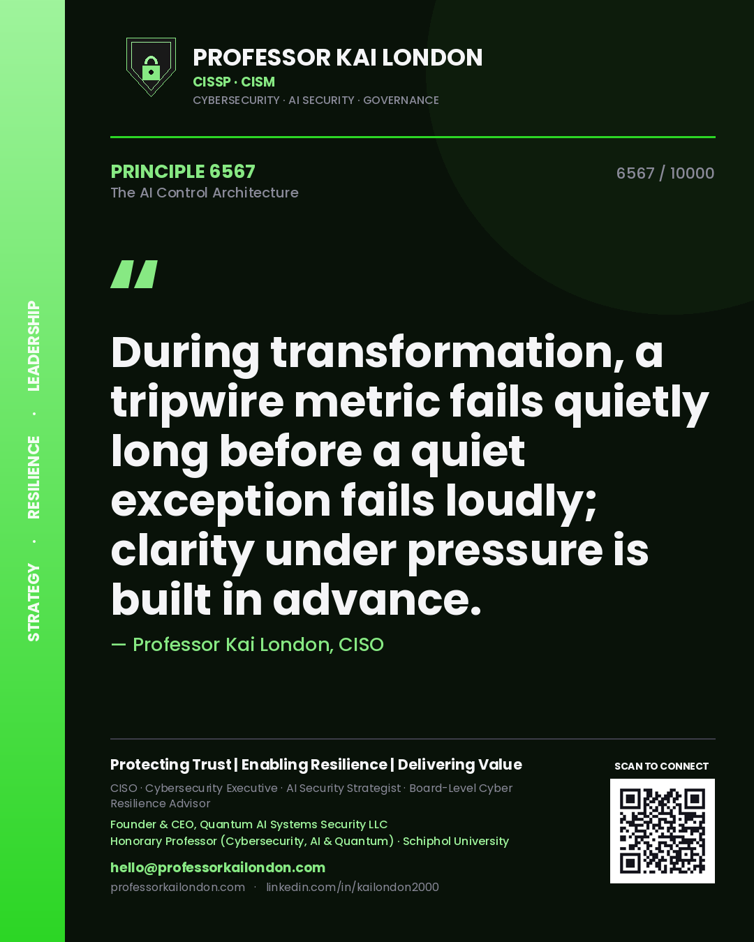 Quote card by Professor Kai London reading 'During transformation, a tripwire metric fails quietly long before a quiet exception fails loudly; clarity under pressure is built in advance.'. From the book The AI Control Architecture.