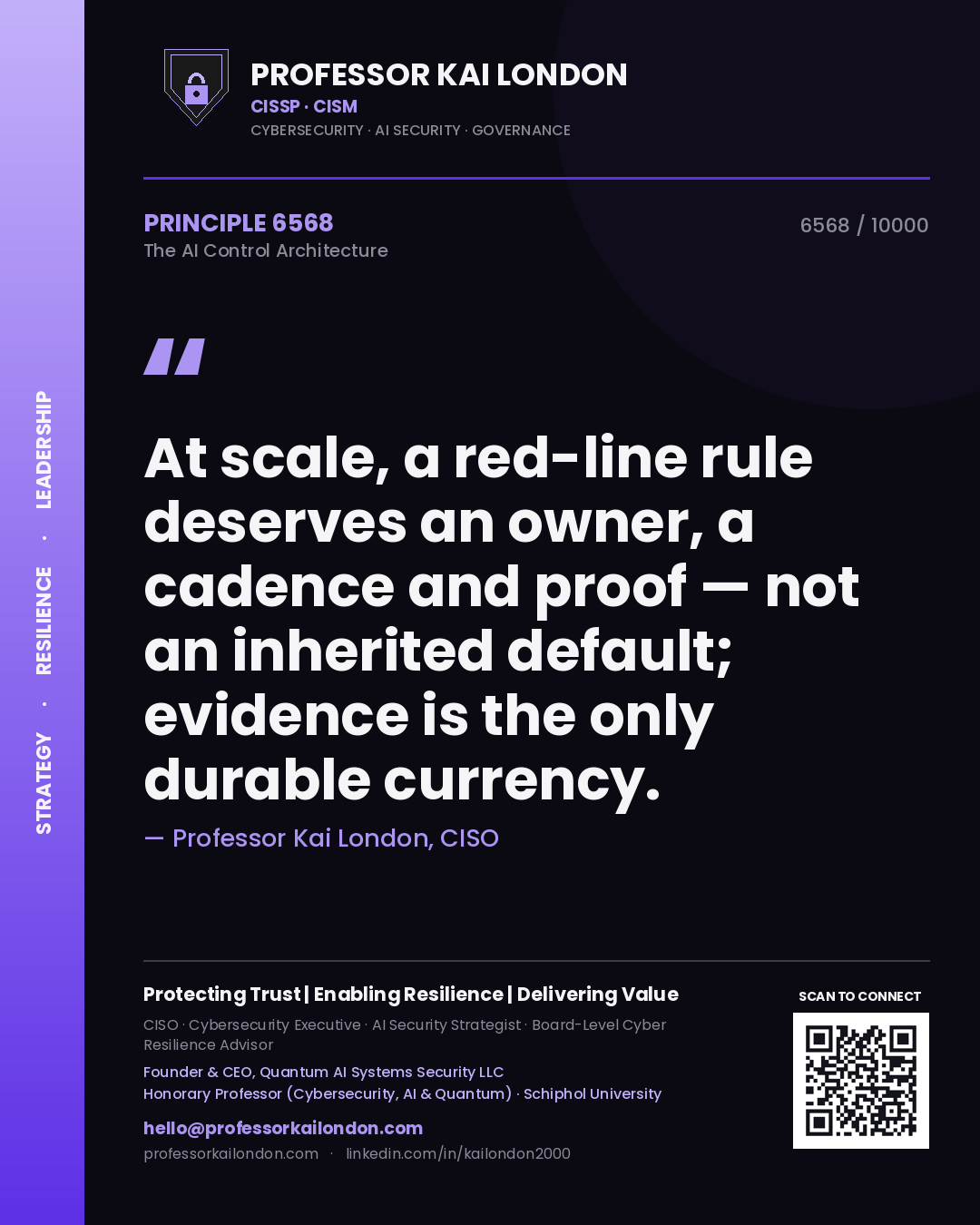 Quote card by Professor Kai London reading 'At scale, a red-line rule deserves an owner, a cadence and proof — not an inherited default; evidence is the only durable currency.'. From the book The AI Control Architecture.