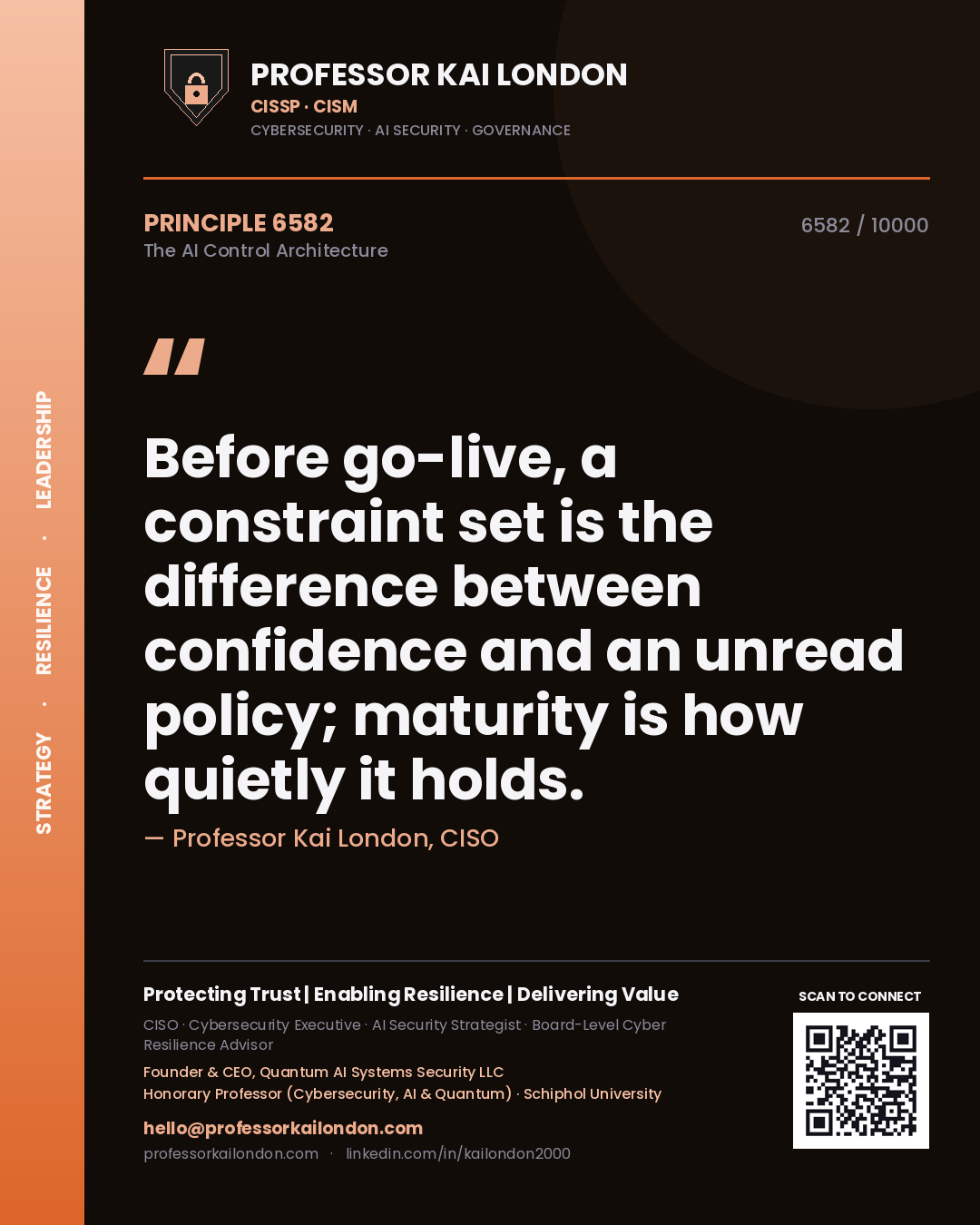 Quote card by Professor Kai London reading 'Before go-live, a constraint set is the difference between confidence and an unread policy; maturity is how quietly it holds.'. From the book The AI Control Architecture.
