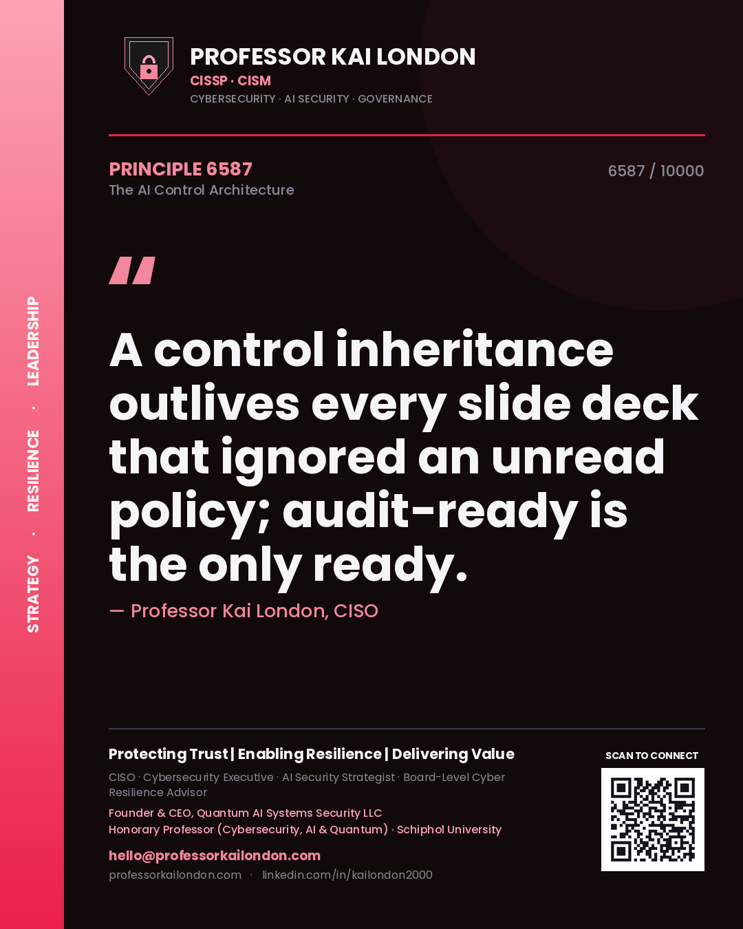 Quote card by Professor Kai London reading 'A control inheritance outlives every slide deck that ignored an unread policy; audit-ready is the only ready.'. From the book The AI Control Architecture.