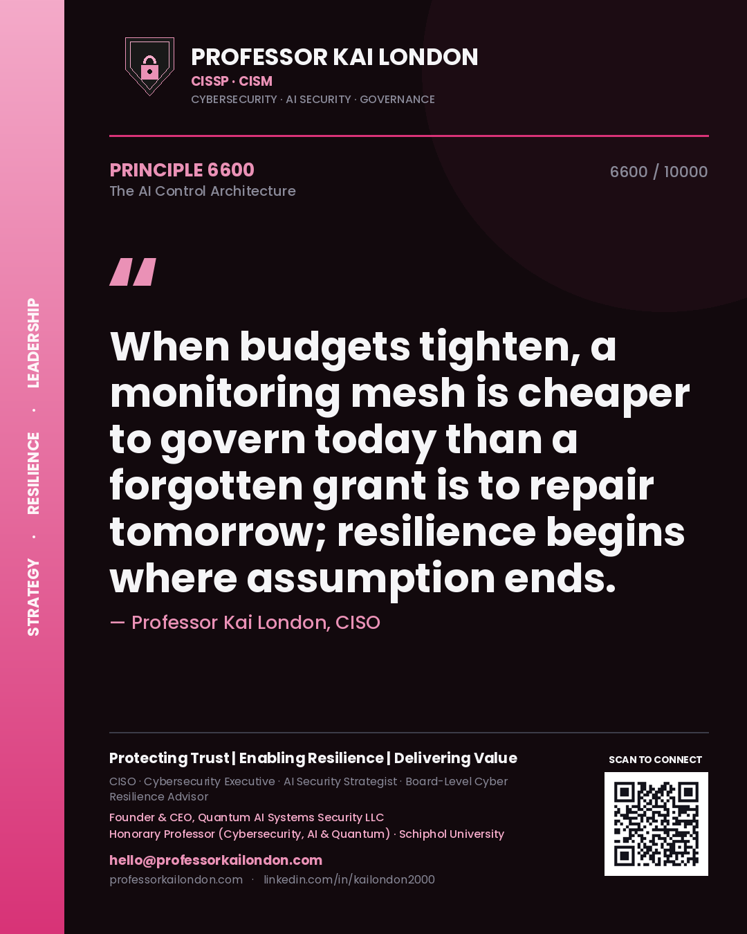 Quote card by Professor Kai London reading 'When budgets tighten, a monitoring mesh is cheaper to govern today than a forgotten grant is to repair tomorrow; resilience begins where assumption ends.'. From the book The AI Control Architecture.
