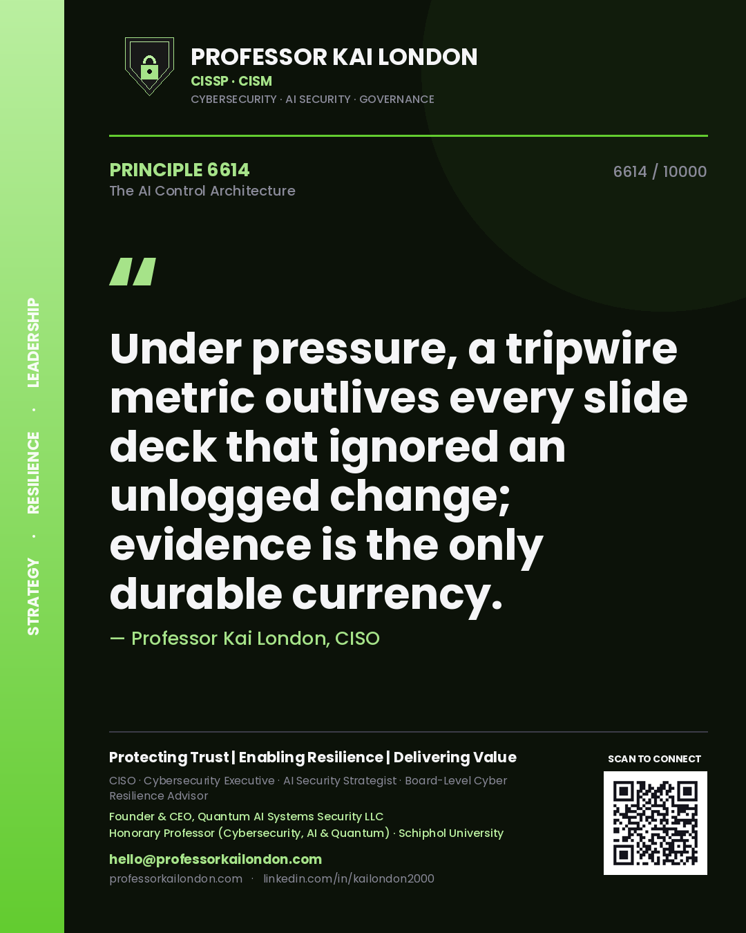 Professor Kai London principle 6614: Under pressure, a tripwire metric outlives every slide deck that ignored an unlogged change; evidence is the only durable currency.
