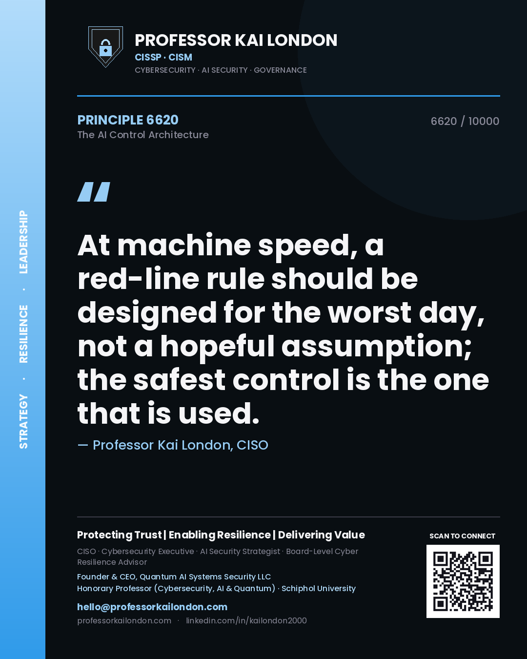 Professor Kai London principle 6620: At machine speed, a red-line rule should be designed for the worst day, not a hopeful assumption; the safest control is the one that is used.