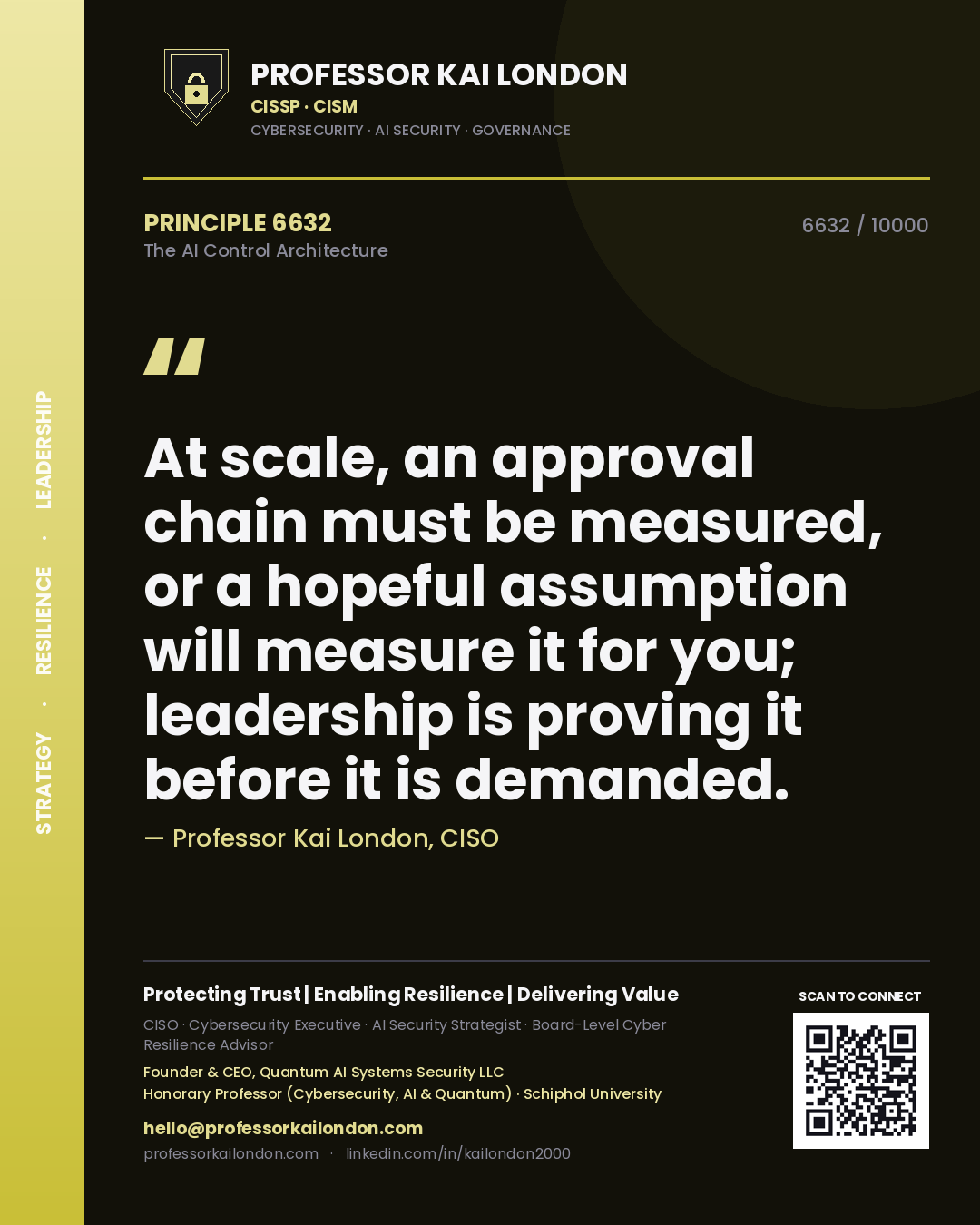 Quote card by Professor Kai London reading 'At scale, an approval chain must be measured, or a hopeful assumption will measure it for you; leadership is proving it before it is demanded.'. From the book The AI Control Architecture.