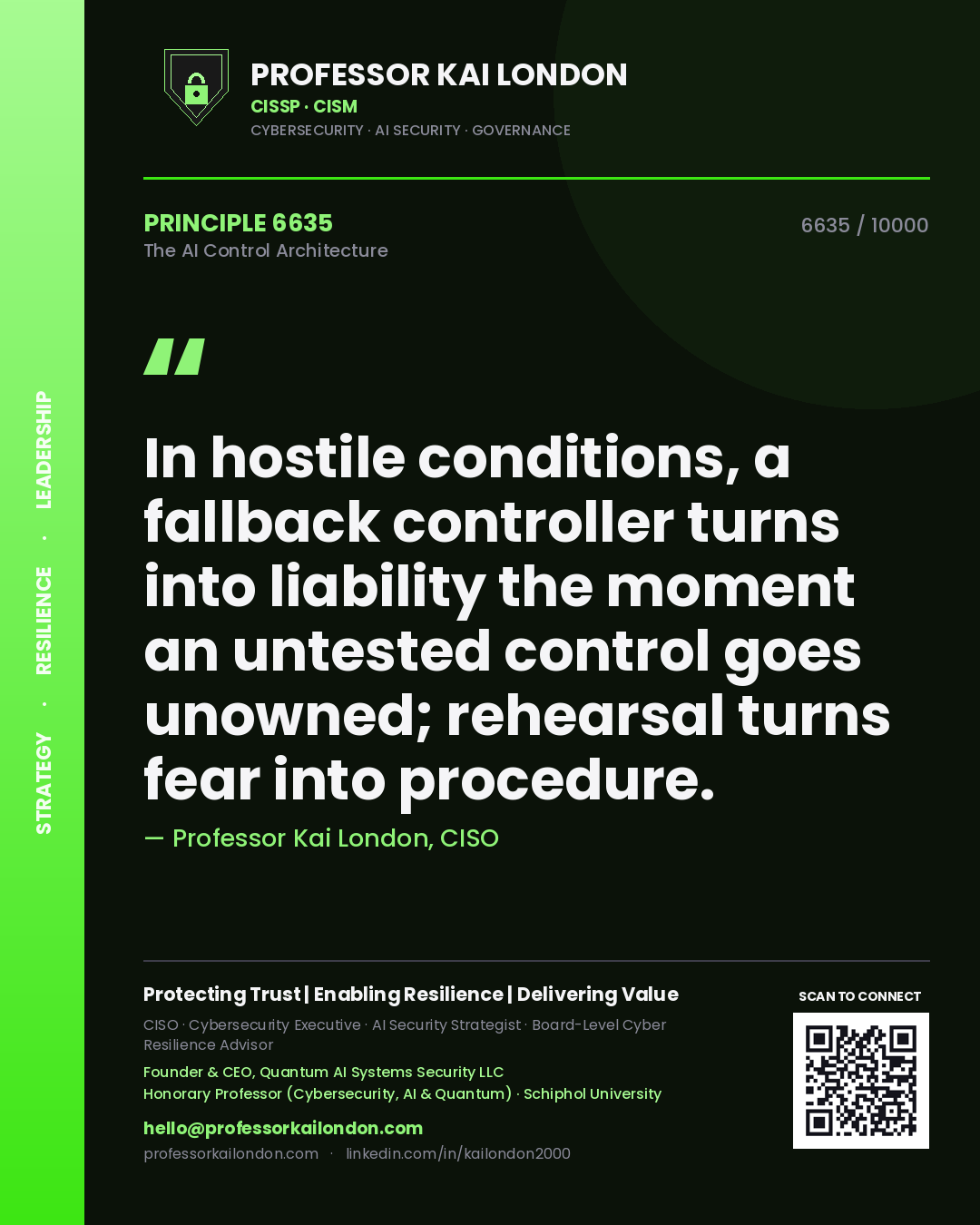 Quote card by Professor Kai London reading 'In hostile conditions, a fallback controller turns into liability the moment an untested control goes unowned; rehearsal turns fear into procedure.'. From the book The AI Control Architecture.
