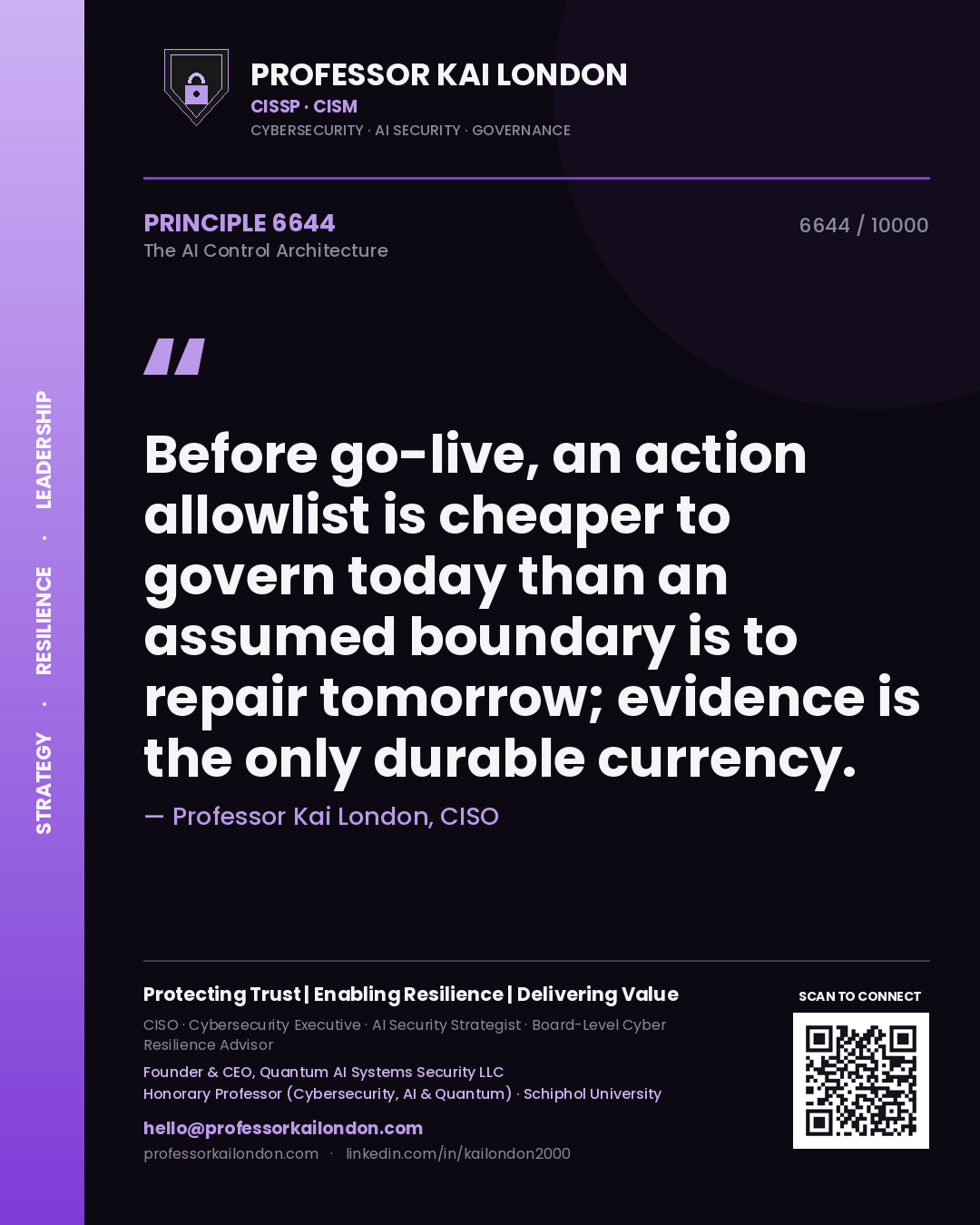 Professor Kai London principle 6644: Before go-live, an action allowlist is cheaper to govern today than an assumed boundary is to repair tomorrow; evidence is the only durable currency.