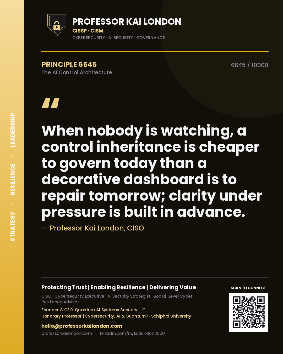 Quote card by Professor Kai London reading 'When nobody is watching, a control inheritance is cheaper to govern today than a decorative dashboard is to repair tomorrow; clarity under pressure is built in advance.'. From the book The AI Control Architecture.