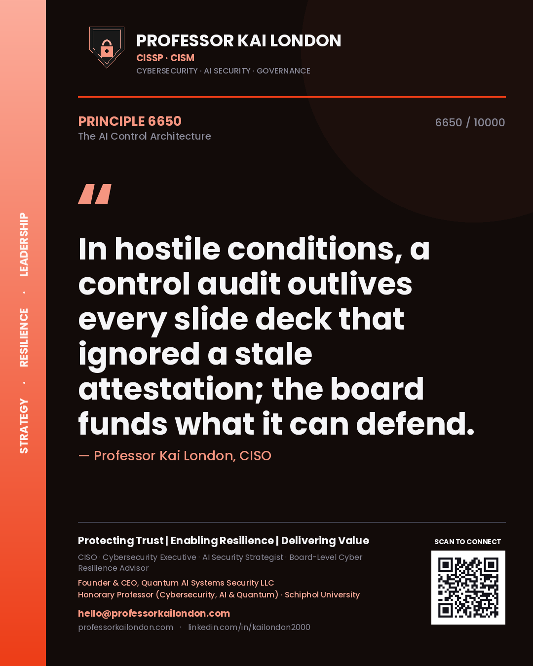 Quote card by Professor Kai London reading 'In hostile conditions, a control audit outlives every slide deck that ignored a stale attestation; the board funds what it can defend.'. From the book The AI Control Architecture.