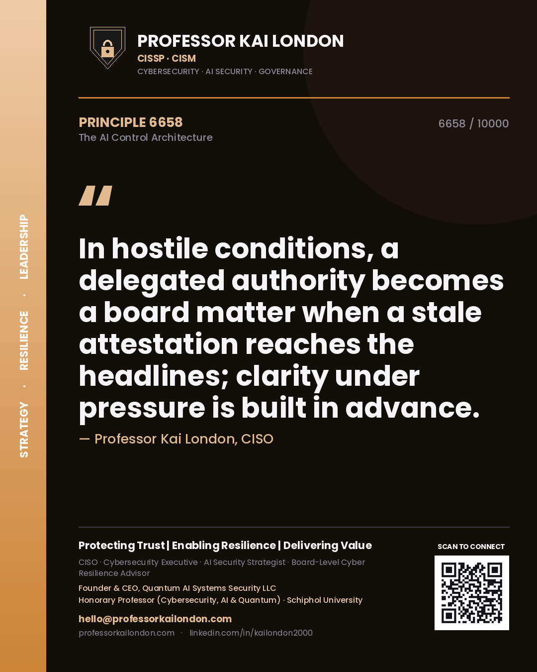 Professor Kai London principle 6658: In hostile conditions, a delegated authority becomes a board matter when a stale attestation reaches the headlines; clarity under pressure is built in advance.