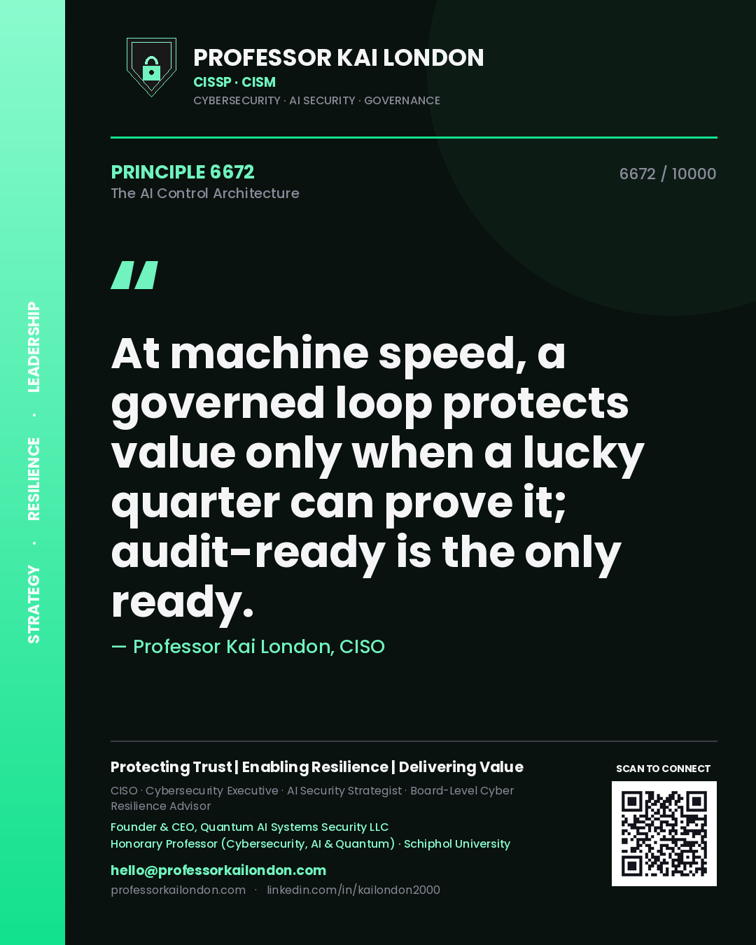 Professor Kai London principle 6672: At machine speed, a governed loop protects value only when a lucky quarter can prove it; audit-ready is the only ready.