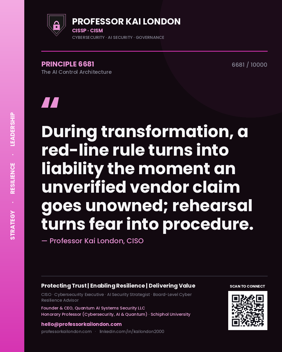 Quote card by Professor Kai London reading 'During transformation, a red-line rule turns into liability the moment an unverified vendor claim goes unowned; rehearsal turns fear into procedure.'. From the book The AI Control Architecture.