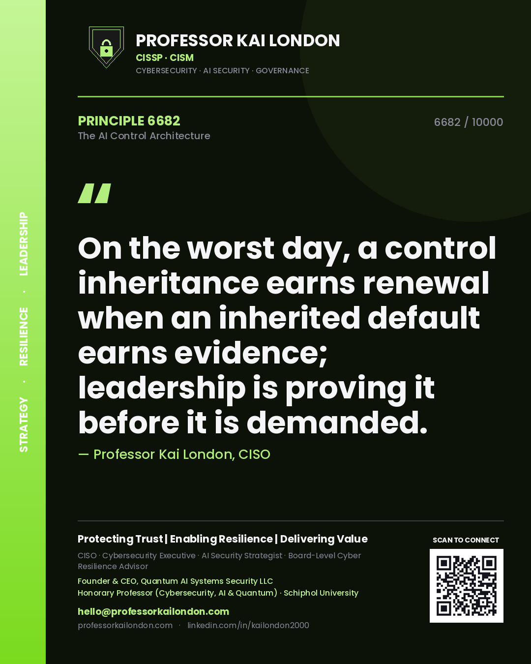 Quote card by Professor Kai London reading 'On the worst day, a control inheritance earns renewal when an inherited default earns evidence; leadership is proving it before it is demanded.'. From the book The AI Control Architecture.