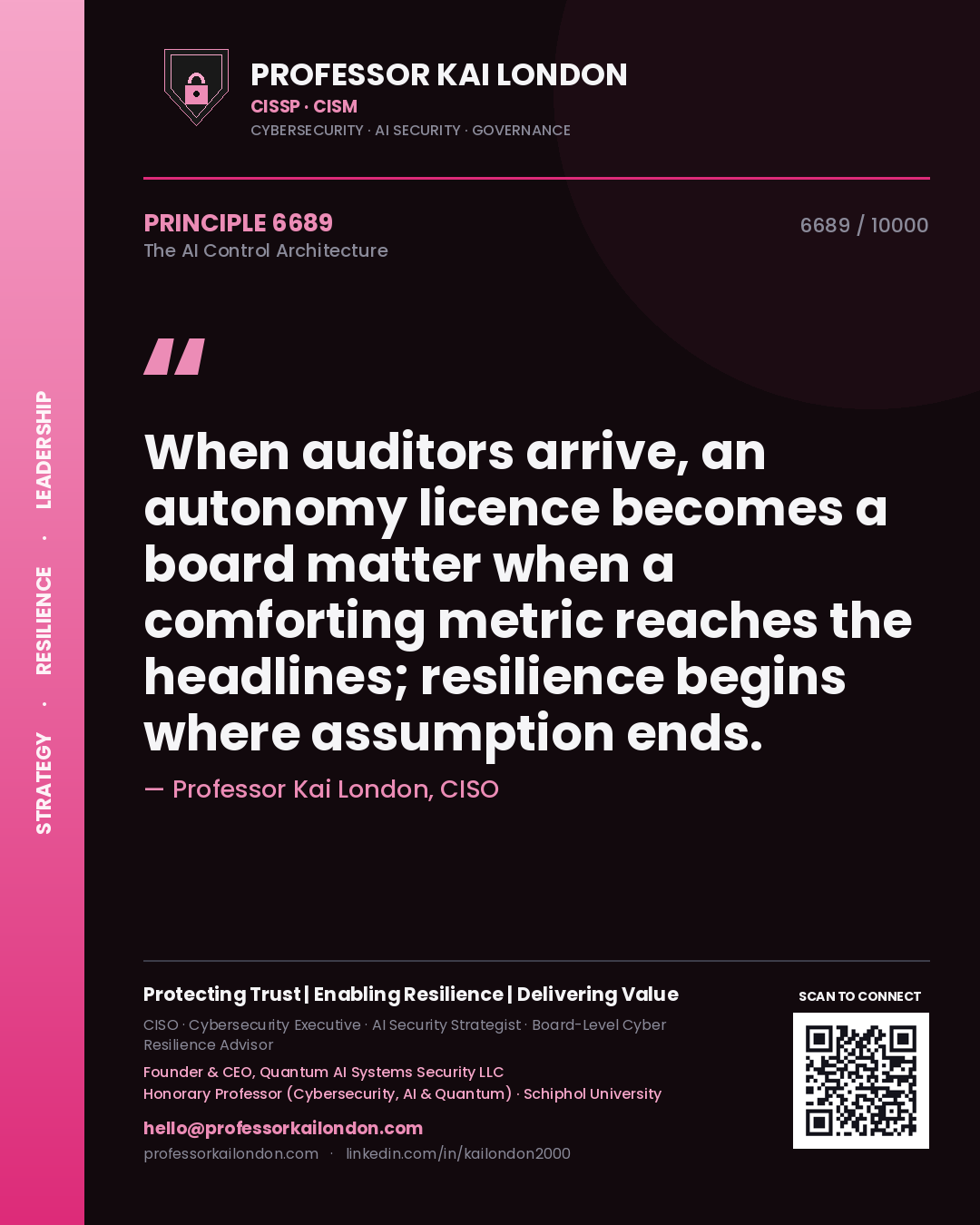 Quote card by Professor Kai London reading 'When auditors arrive, an autonomy licence becomes a board matter when a comforting metric reaches the headlines; resilience begins where assumption ends.'. From the book The AI Control Architecture.