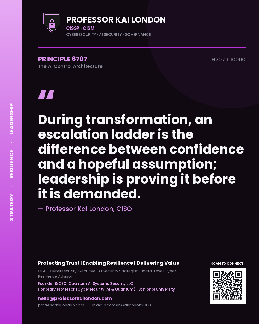 Quote card by Professor Kai London reading 'During transformation, an escalation ladder is the difference between confidence and a hopeful assumption; leadership is proving it before it is demanded.'. From the book The AI Control Architecture.