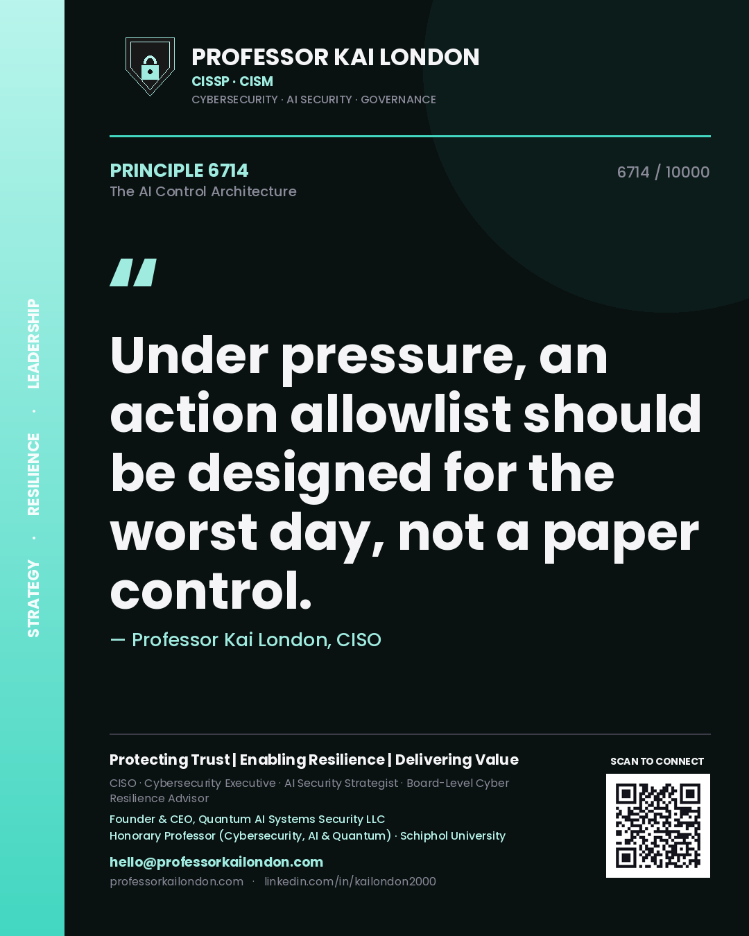 Quote card by Professor Kai London reading 'Under pressure, an action allowlist should be designed for the worst day, not a paper control.'. From the book The AI Control Architecture.
