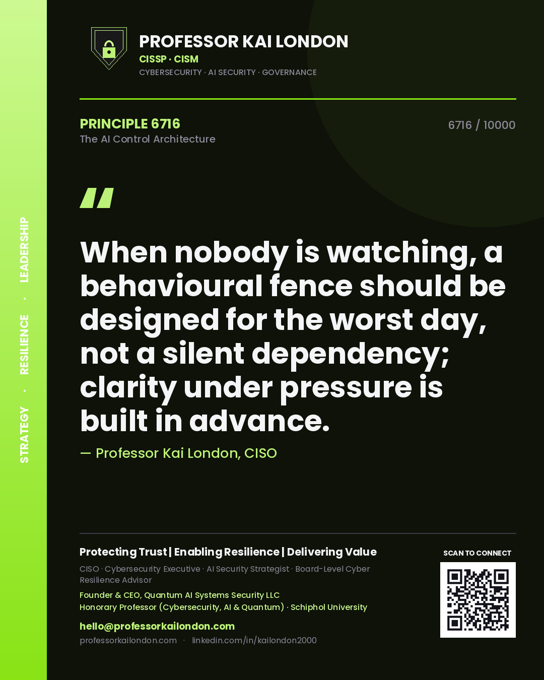 Professor Kai London principle 6716: When nobody is watching, a behavioural fence should be designed for the worst day, not a silent dependency; clarity under pressure is built in advance.