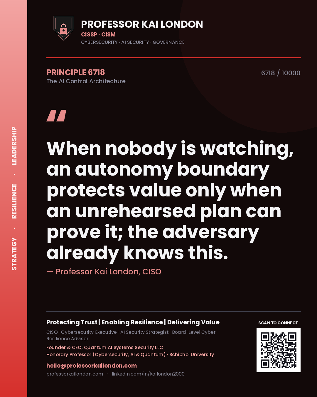 Professor Kai London principle 6718: When nobody is watching, an autonomy boundary protects value only when an unrehearsed plan can prove it; the adversary already knows this.