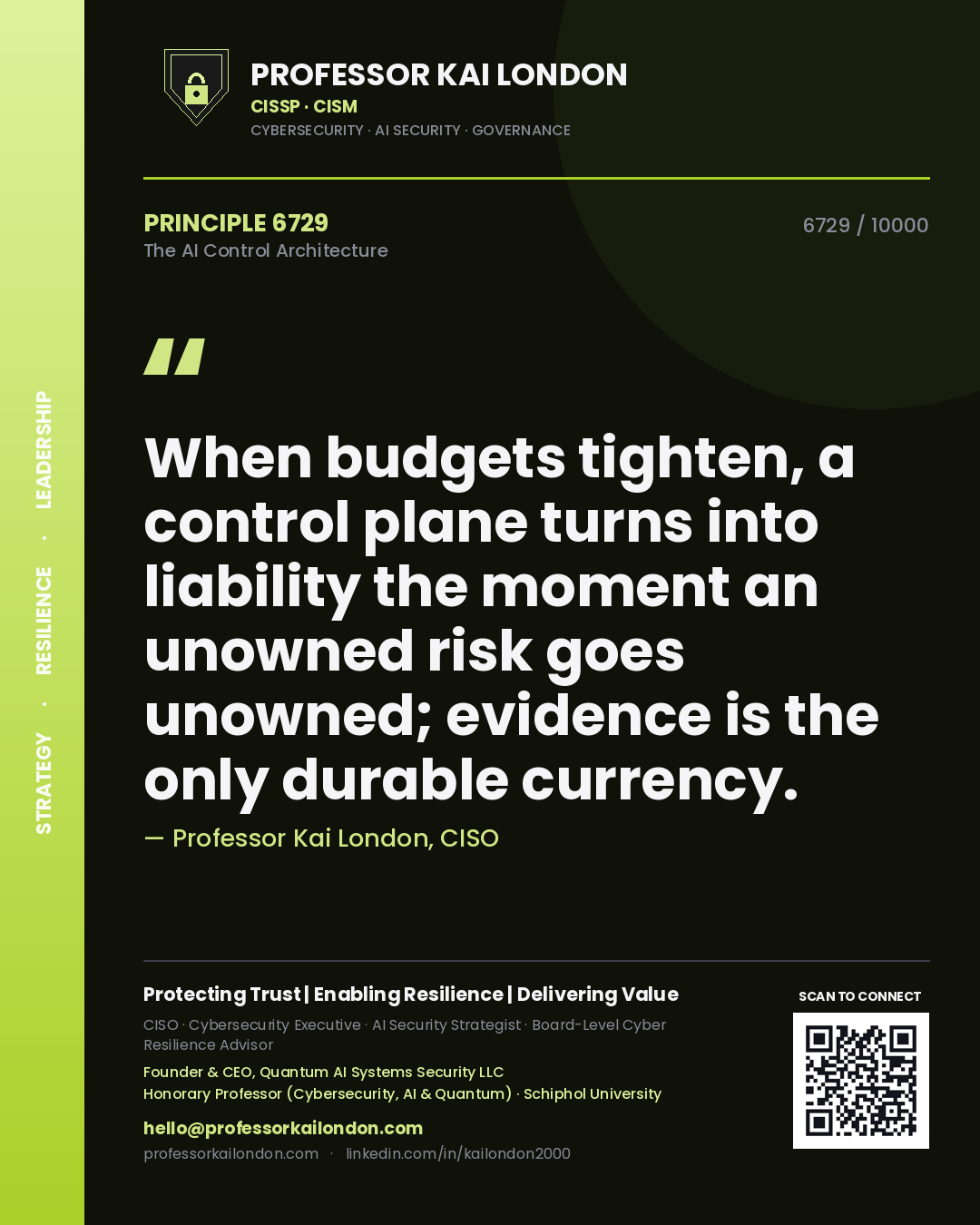 Professor Kai London principle 6729: When budgets tighten, a control plane turns into liability the moment an unowned risk goes unowned; evidence is the only durable currency.