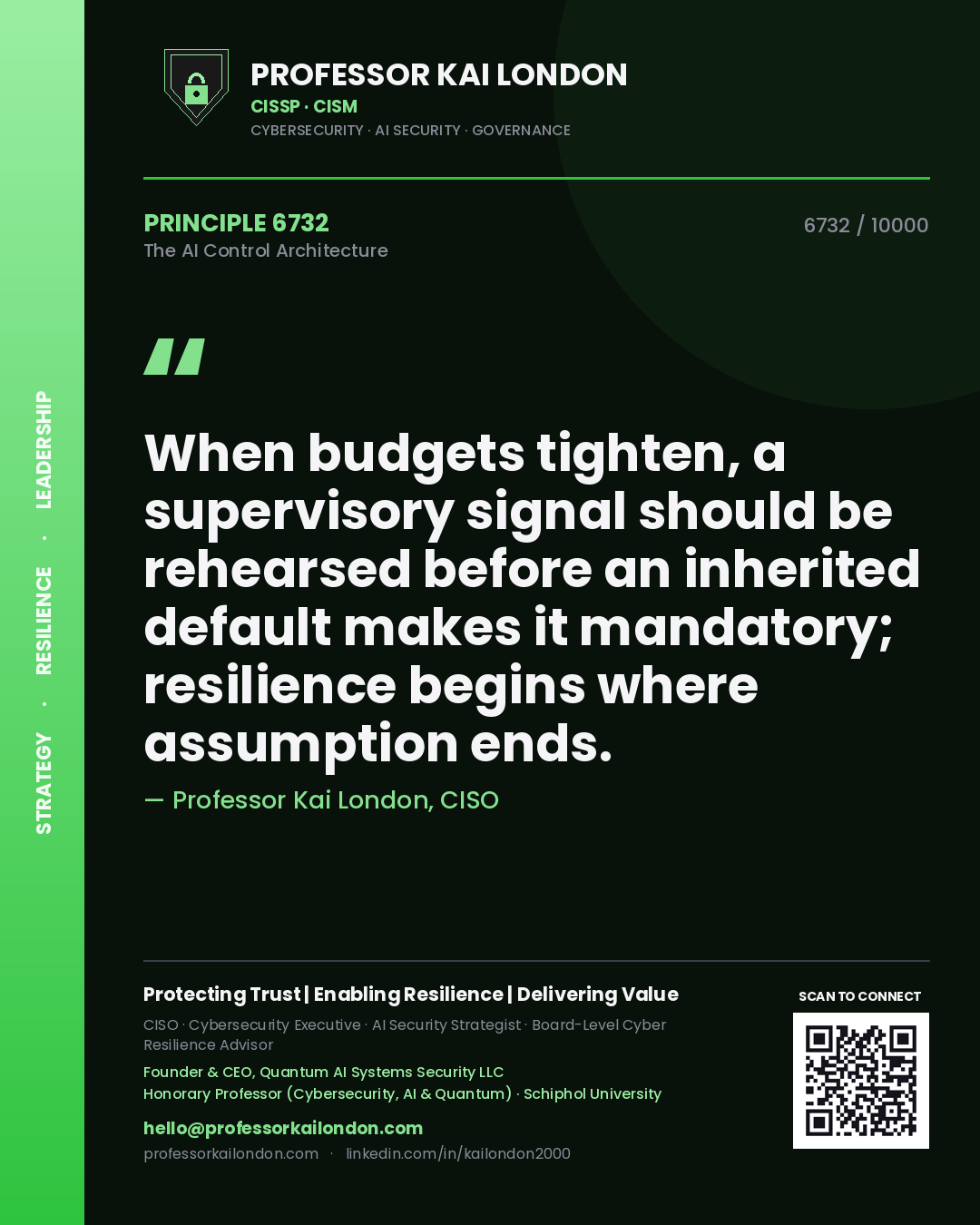 Professor Kai London principle 6732: When budgets tighten, a supervisory signal should be rehearsed before an inherited default makes it mandatory; resilience begins where assumption ends.
