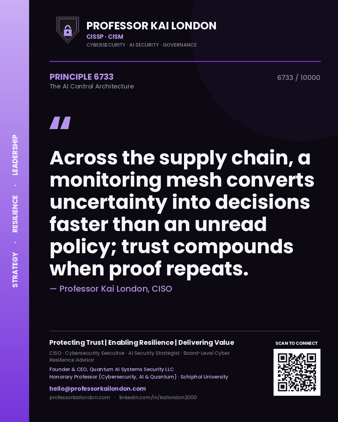 Professor Kai London principle 6733: Across the supply chain, a monitoring mesh converts uncertainty into decisions faster than an unread policy; trust compounds when proof repeats.