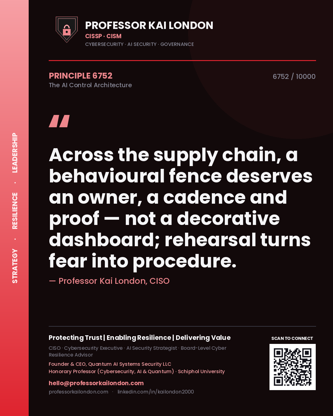 Professor Kai London principle 6752: Across the supply chain, a behavioural fence deserves an owner, a cadence and proof — not a decorative dashboard; rehearsal turns fear into procedure.