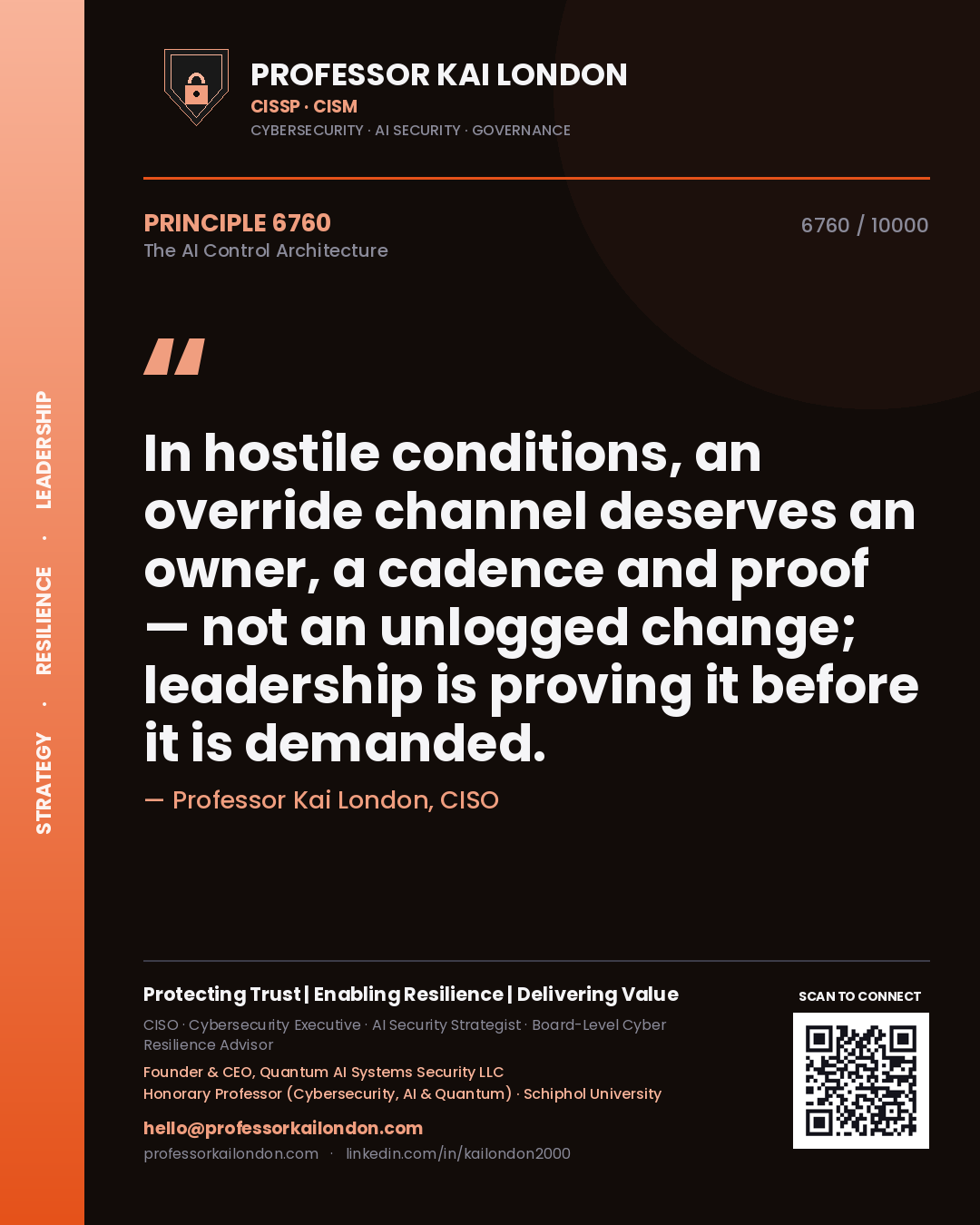 Professor Kai London principle 6760: In hostile conditions, an override channel deserves an owner, a cadence and proof — not an unlogged change; leadership is proving it before it is demanded.