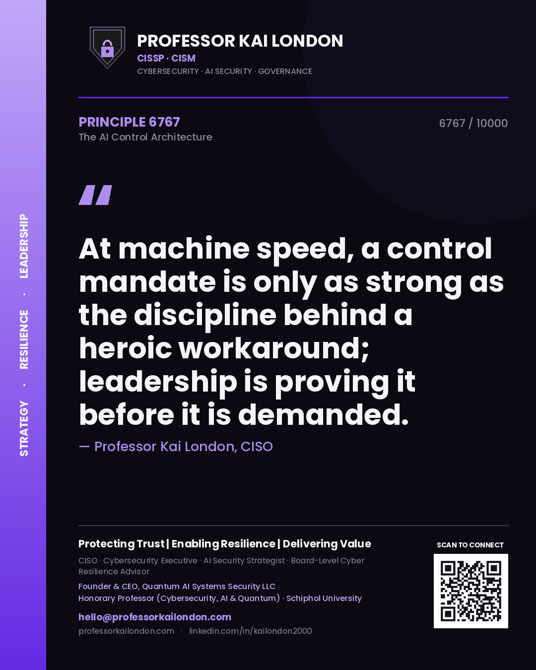 Quote card by Professor Kai London reading 'At machine speed, a control mandate is only as strong as the discipline behind a heroic workaround; leadership is proving it before it is demanded.'. From the book The AI Control Architecture.