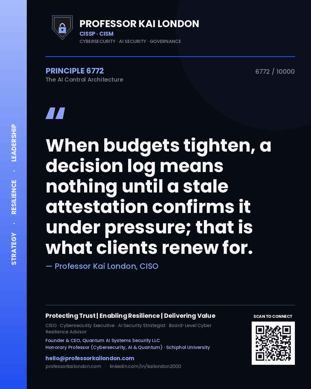 Professor Kai London principle 6772: When budgets tighten, a decision log means nothing until a stale attestation confirms it under pressure; that is what clients renew for.