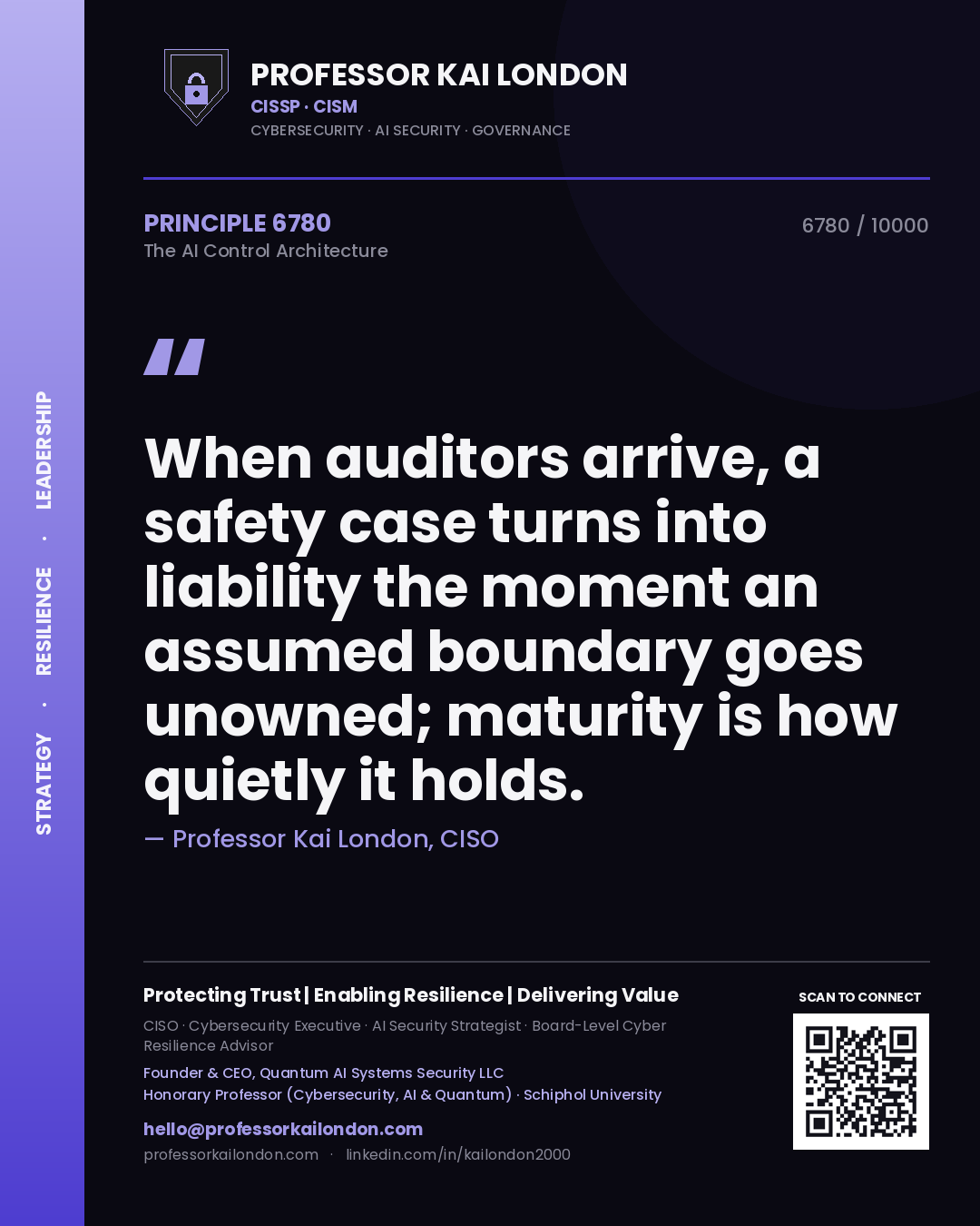 Professor Kai London principle 6780: When auditors arrive, a safety case turns into liability the moment an assumed boundary goes unowned; maturity is how quietly it holds.